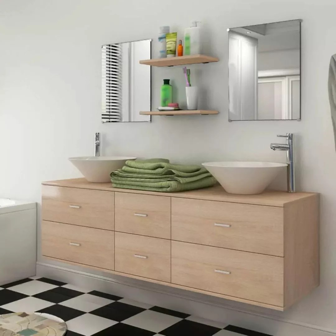 9-tlg. Badmöbel-set Mit Waschbecken Und Wasserhahn Beige günstig online kaufen