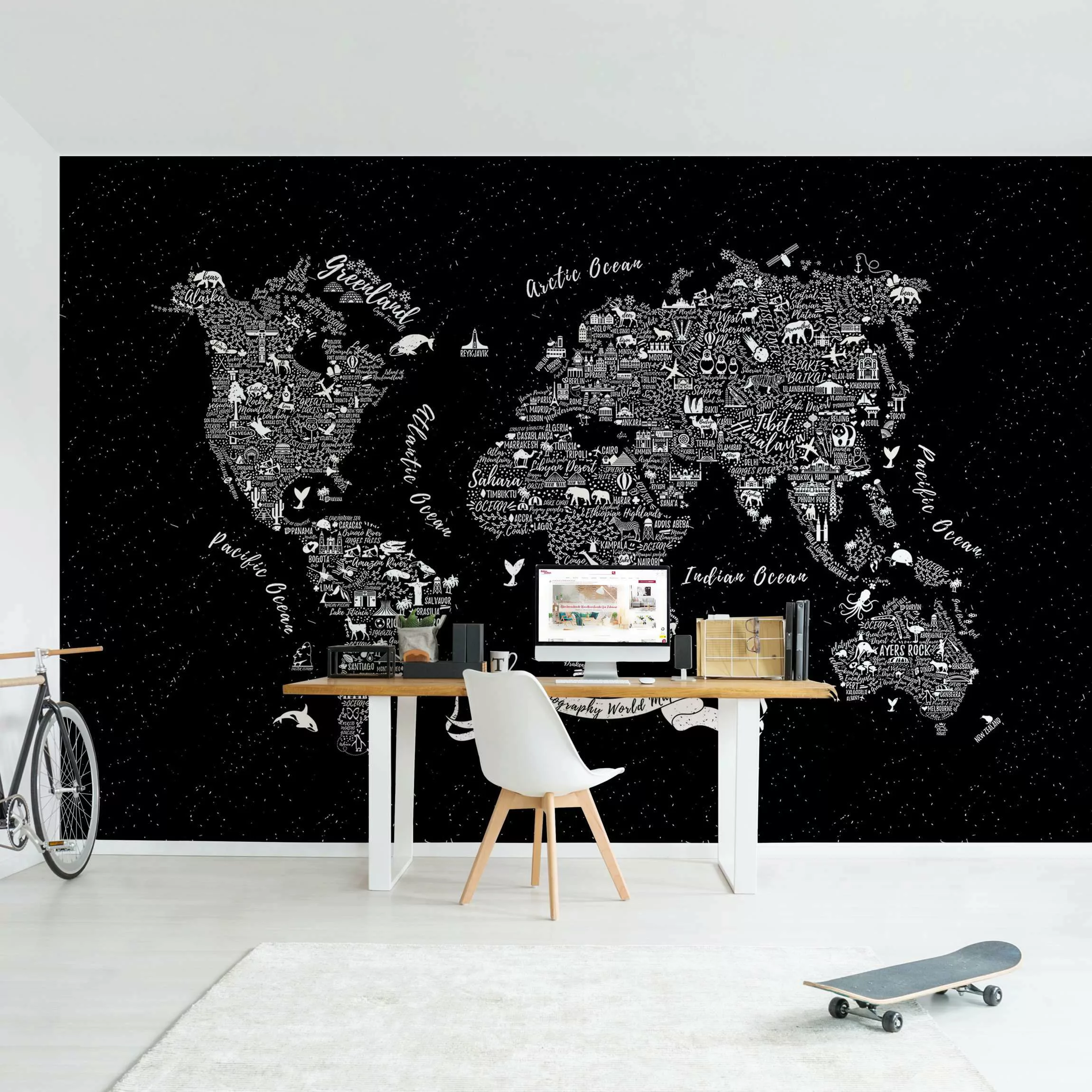 Fototapete Typografie Weltkarte schwarz günstig online kaufen