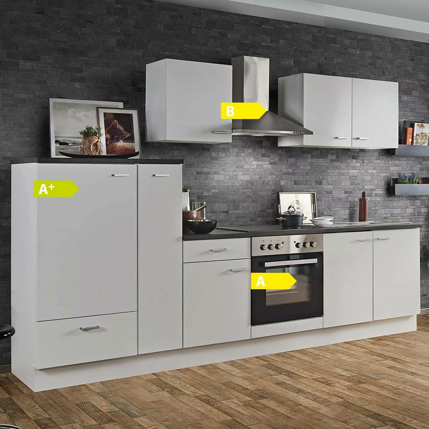 Küchenzeile White Classic 300cm LIVERPOOL-87 inklusive E-Geräte und Apothek günstig online kaufen