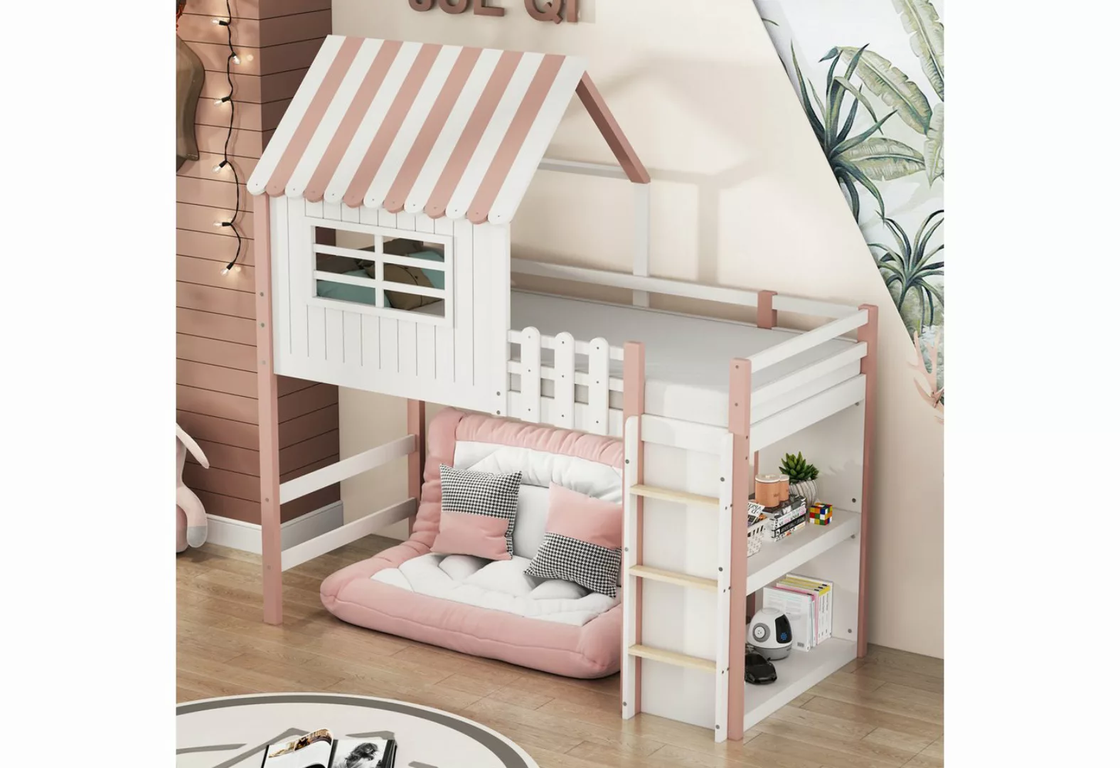 REDOM Kinderbett Holzbett mit Sicherheitsleiter mit Ablagefach Massivholzbe günstig online kaufen