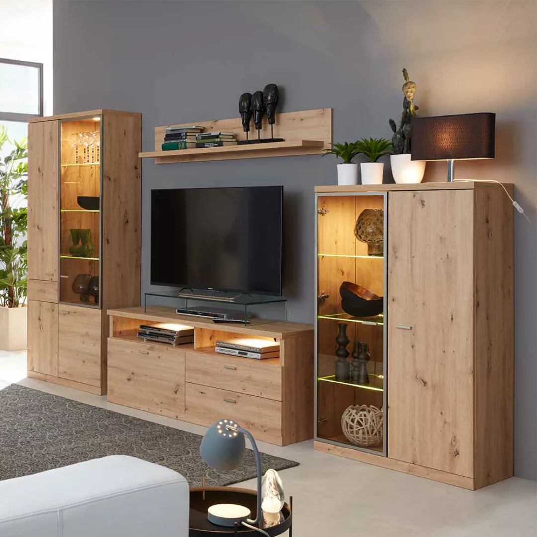 Wohnzimmerwohnwand Wildeiche NB in modernem Design 200 cm hoch (vierteilig) günstig online kaufen