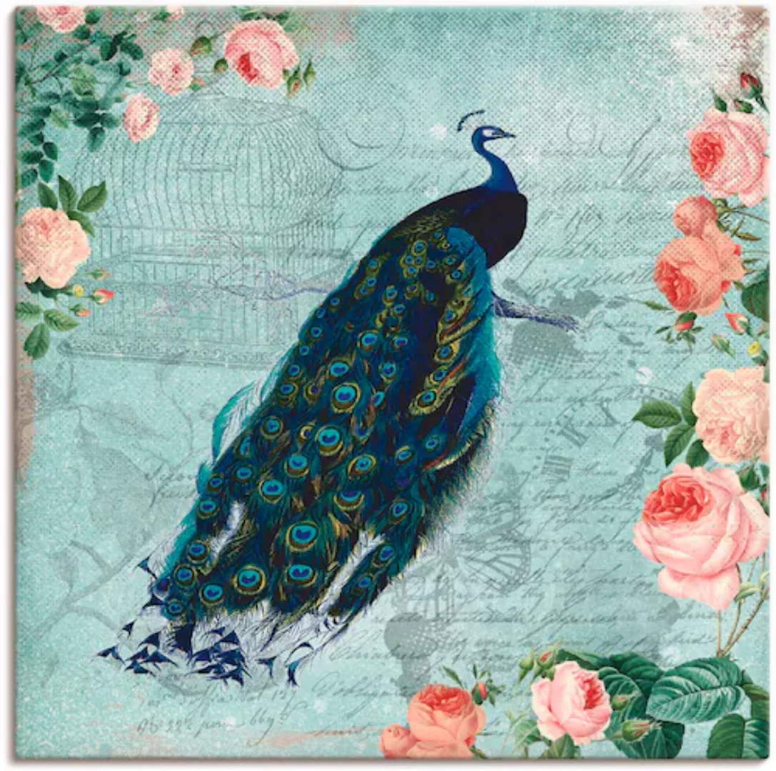 Artland Leinwandbild "Vintage Rosen und Pfau Illustration", Vögel, (1 St.) günstig online kaufen