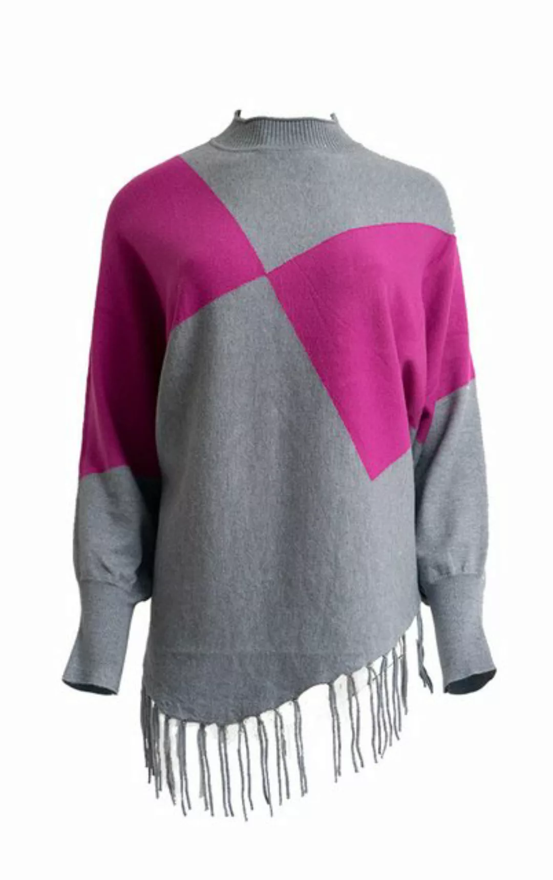 Passioni Strickpullover in Grau mit rosa Rautenfarbblock und asymmetrischem günstig online kaufen