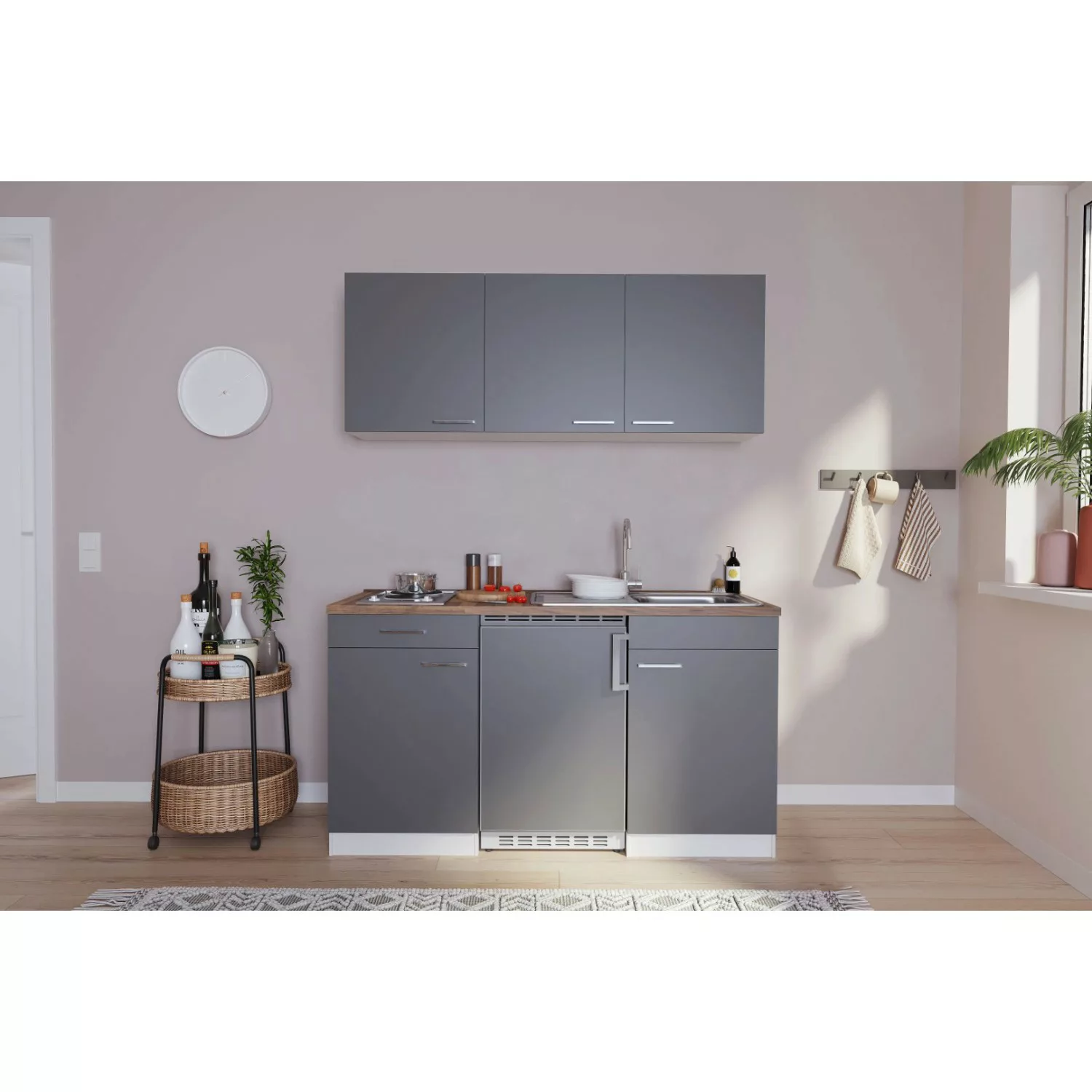 Respekta Küchenzeile KB150WG 150 cm Grau-Weiß Glänzend günstig online kaufen