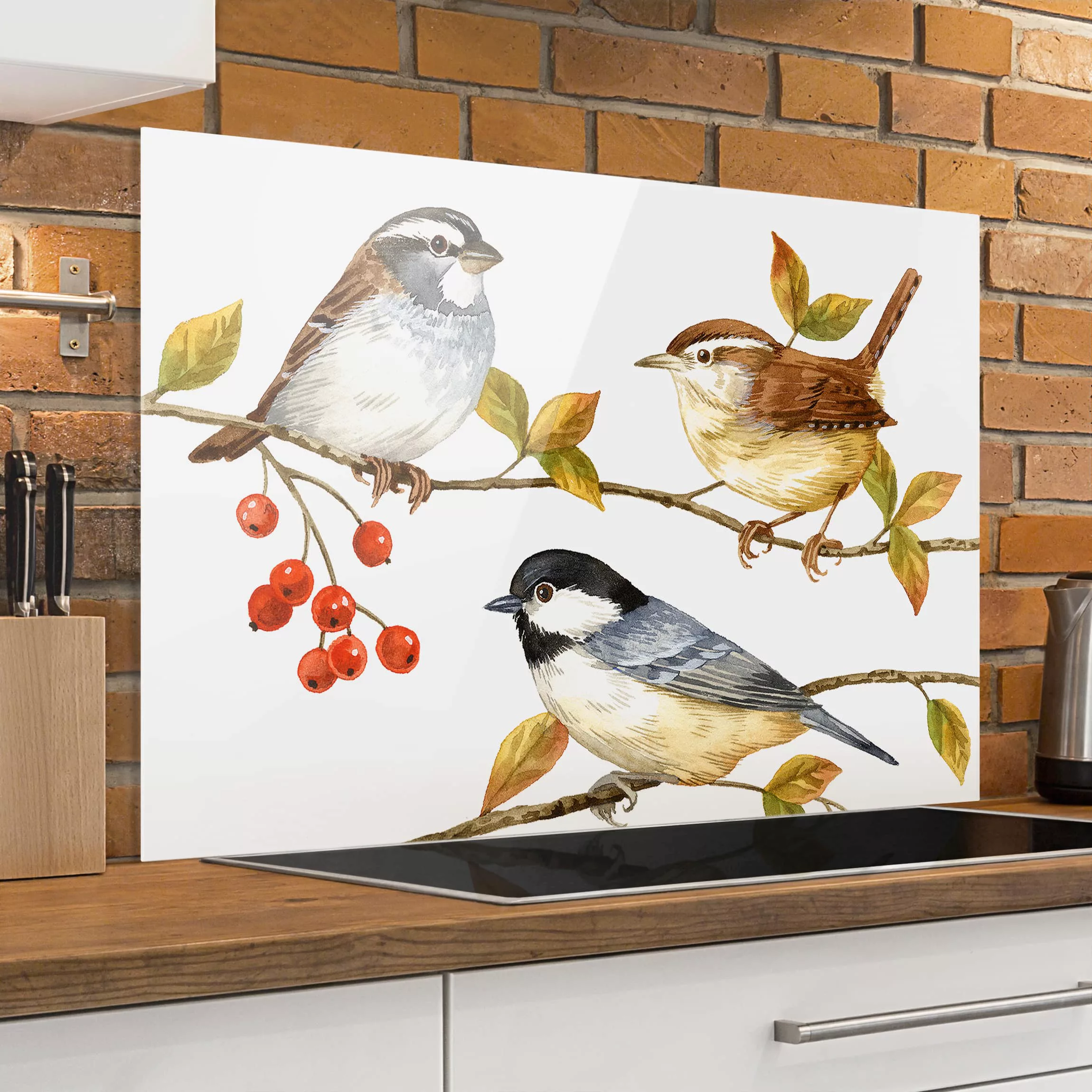 Glas Spritzschutz Tiere - Querformat 3:2 Vögel und Beeren - Meisen günstig online kaufen