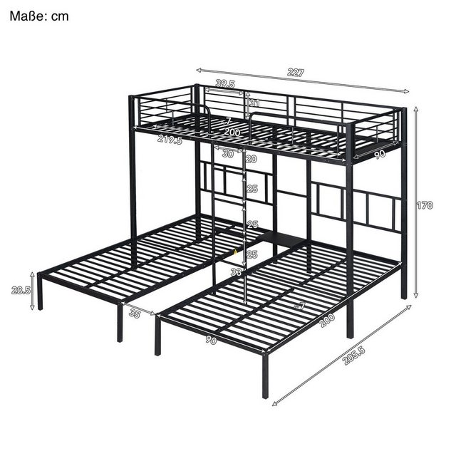 SOFTWEARY Etagenbett mit 3 Schlafgelegenheiten und Lattenrost (90x200 cm), günstig online kaufen