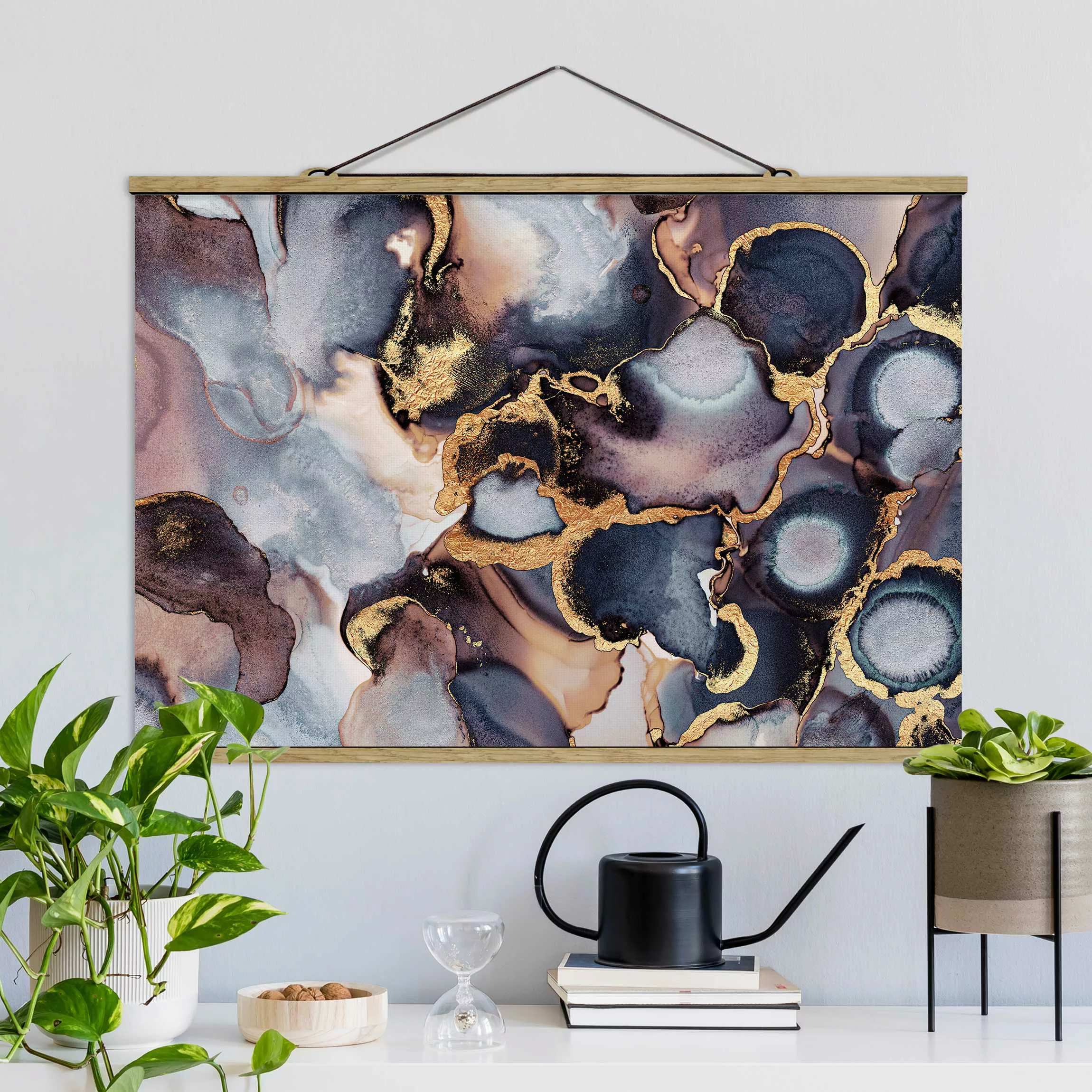 Stoffbild Abstrakt mit Posterleisten - Querformat Marmor Aquarell mit Gold günstig online kaufen