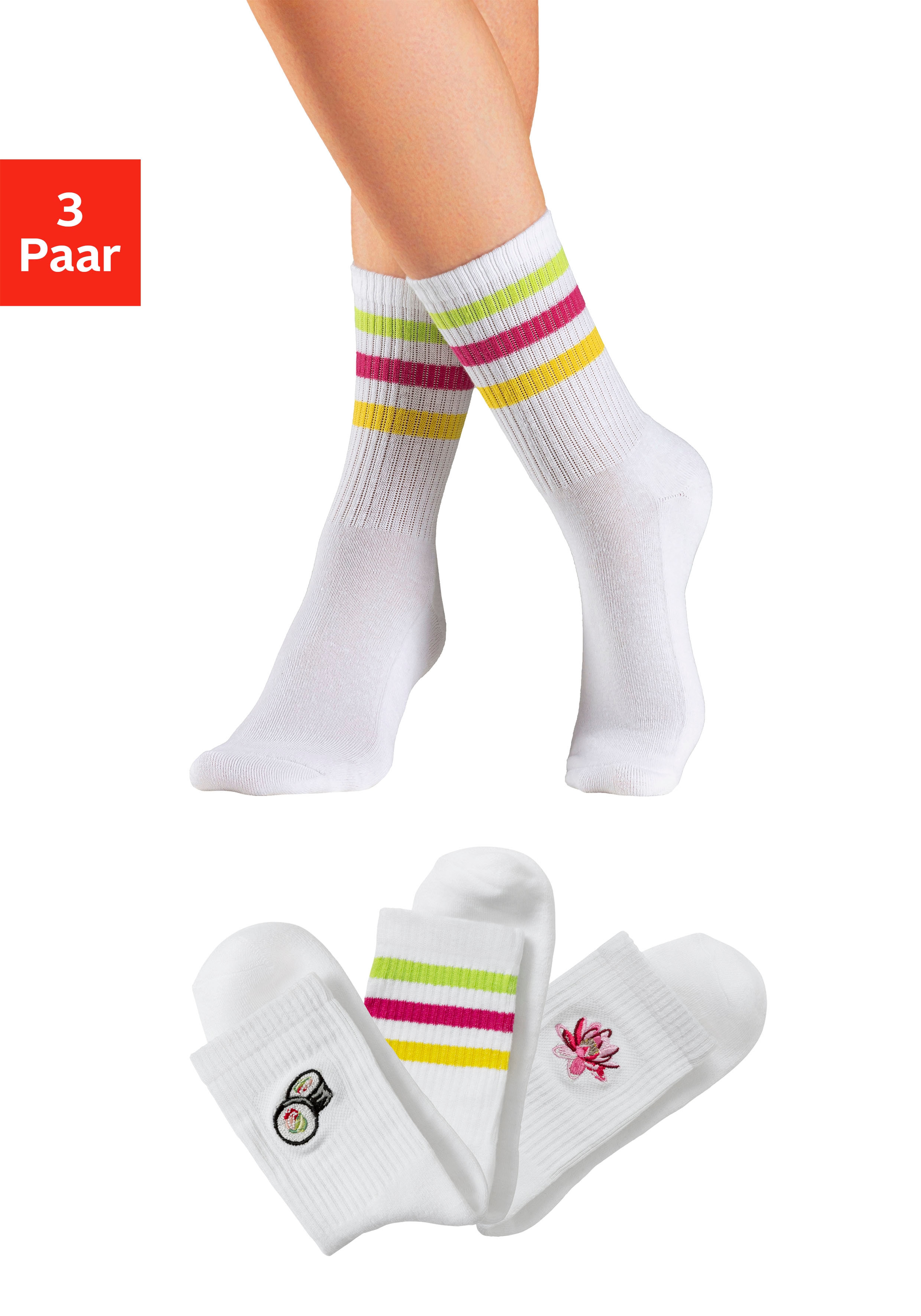 LASCANA Tennissocken, (Packung, 3 Paar), mit Frotteesohle und Stickerei günstig online kaufen