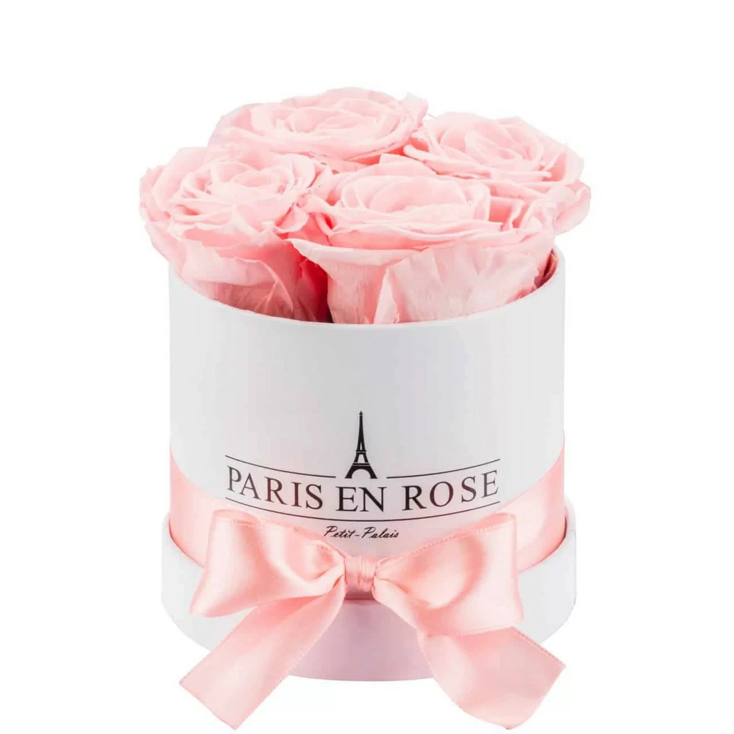 Rosenbox Ø 10 cm Weiß mit Schleife und 4 Rosa Rosen günstig online kaufen