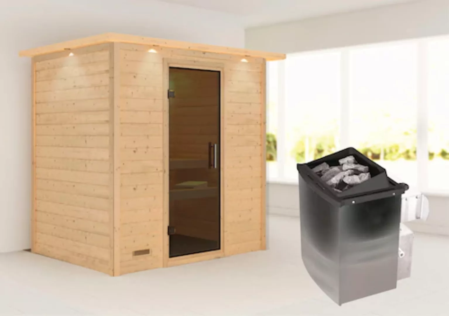 Karibu Sauna »"Sonja" mit graphitfarbener Tür und Kranz Ofen 9 kW integr. S günstig online kaufen