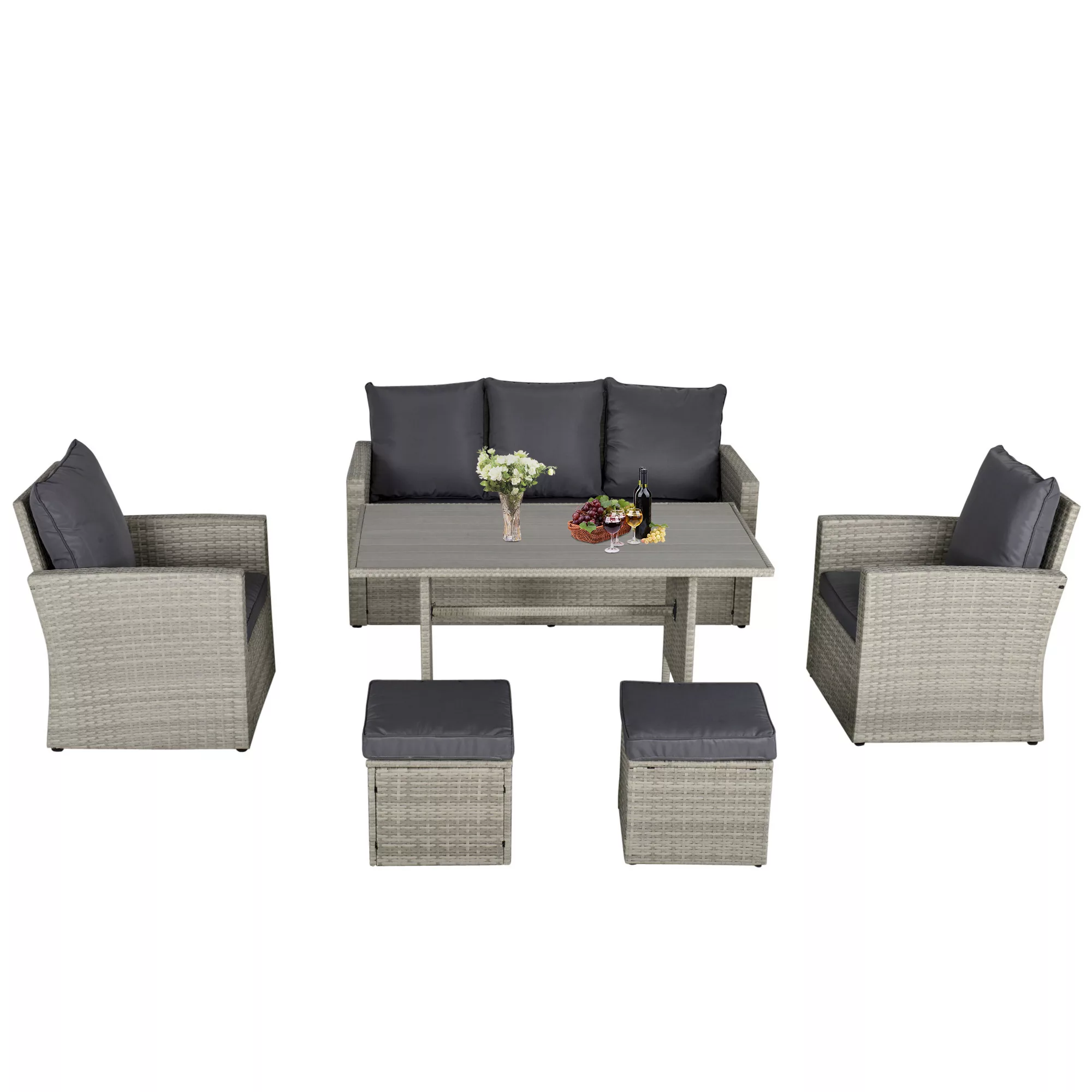 Garten Essgruppe mit Sofa-Set, Lounge & Hocker, ideal für Hof & Balkon, PE günstig online kaufen