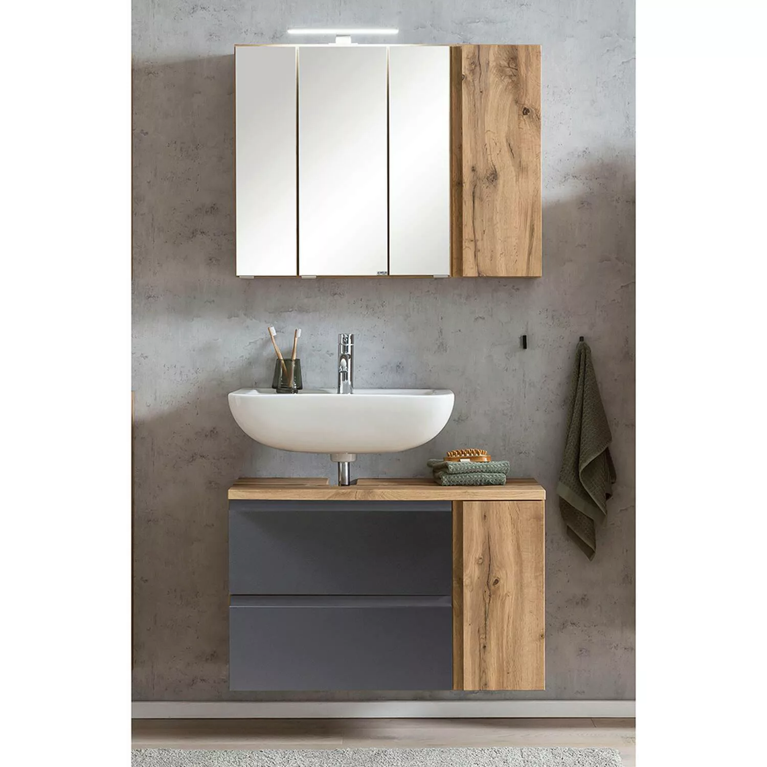 Waschbeckenunterschrank, links, mit Spiegelschrank, 85cm, LED Beleuchtung, günstig online kaufen