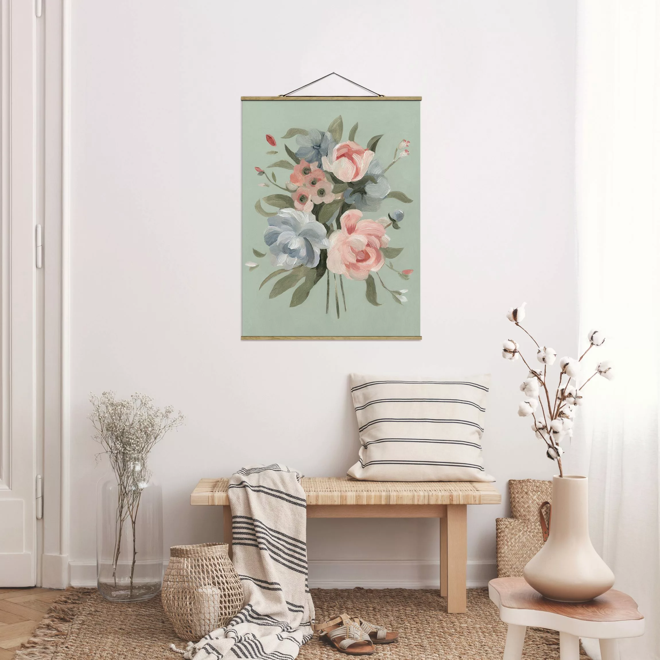 Stoffbild Blumen mit Posterleisten - Hochformat Bouquet in Pastell II günstig online kaufen