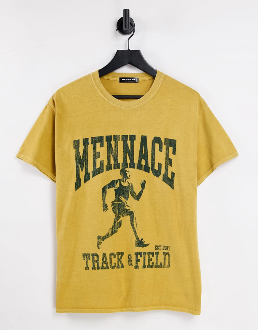 Mennace – T-Shirt in Gelb mit „Track and Field“-Vintage-Print günstig online kaufen