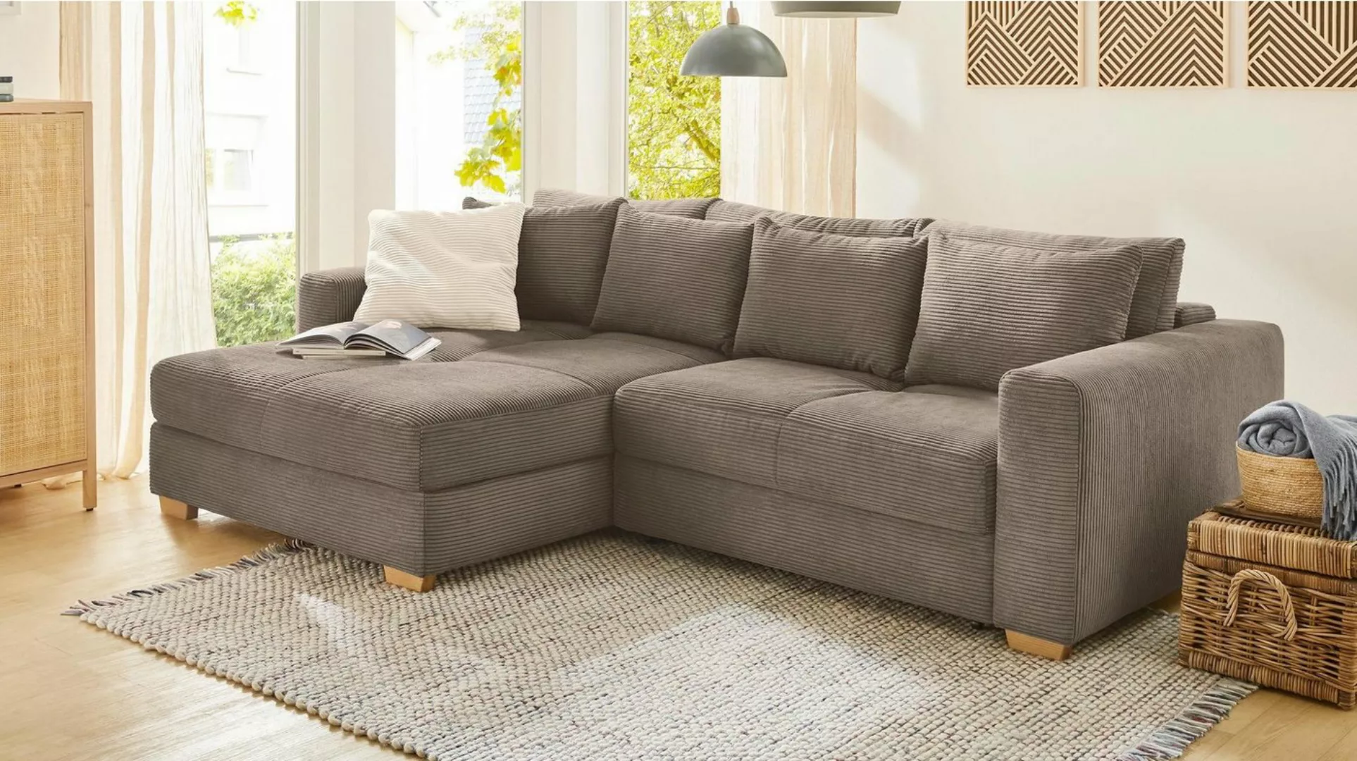 Massivart® Ecksofa KAMPEN Cord taupe / 288 cm, Cordsofa / Bettfunktion / Be günstig online kaufen