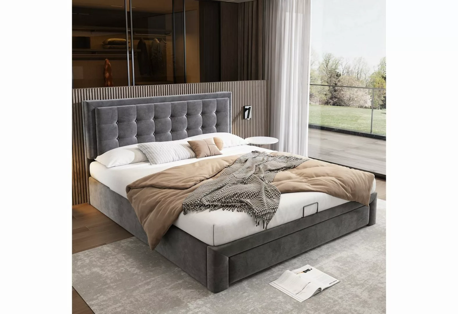 Celya Polsterbett Bett mit Kasten und Schubladen, 180×200cm Doppelbett, Lei günstig online kaufen