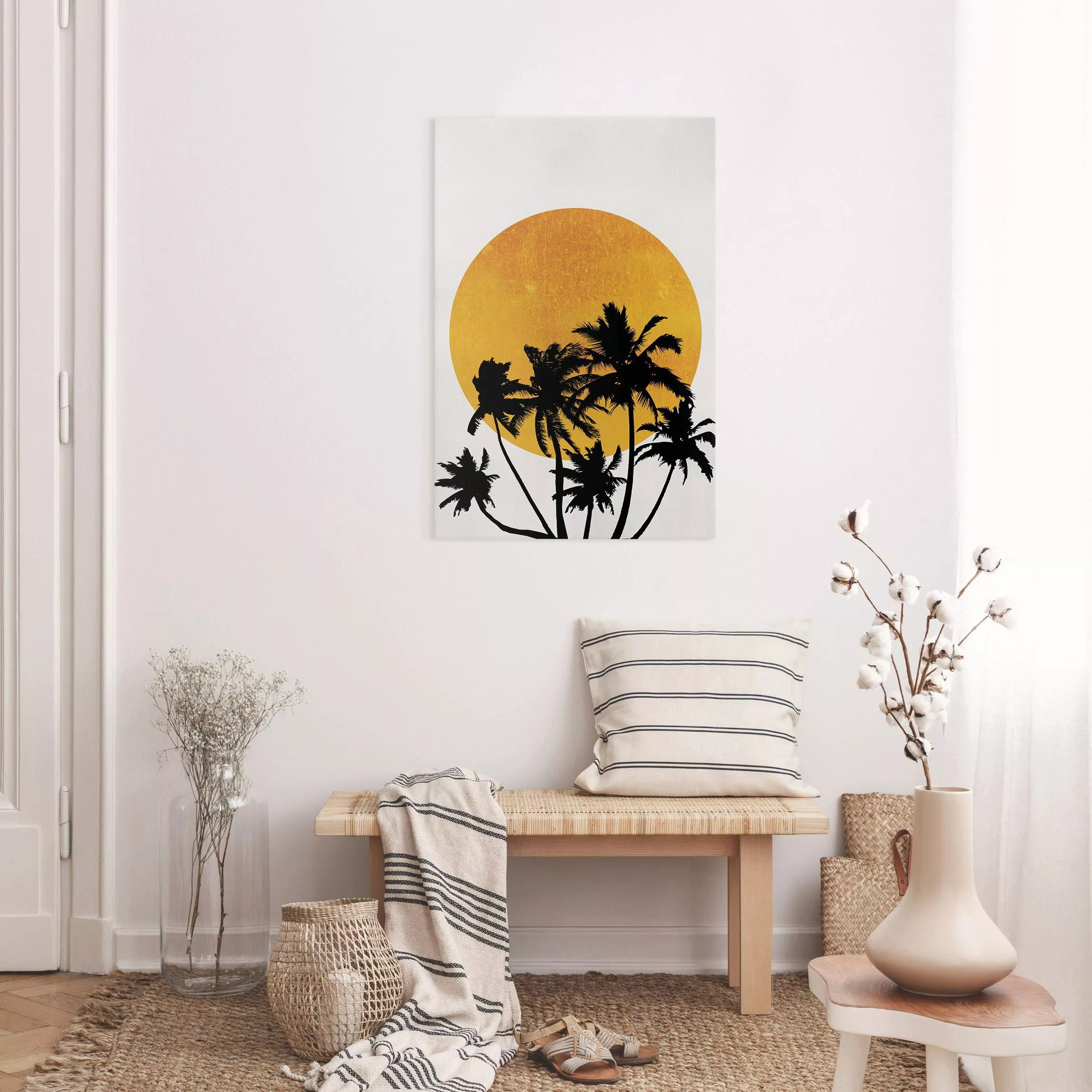 Leinwandbild Palmen vor goldener Sonne günstig online kaufen