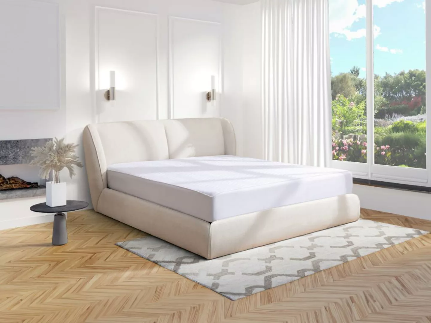Bett mit Bettkasten - 180 x 200 cm - Bouclé-Stoff - Naturweiß + Matratze - günstig online kaufen