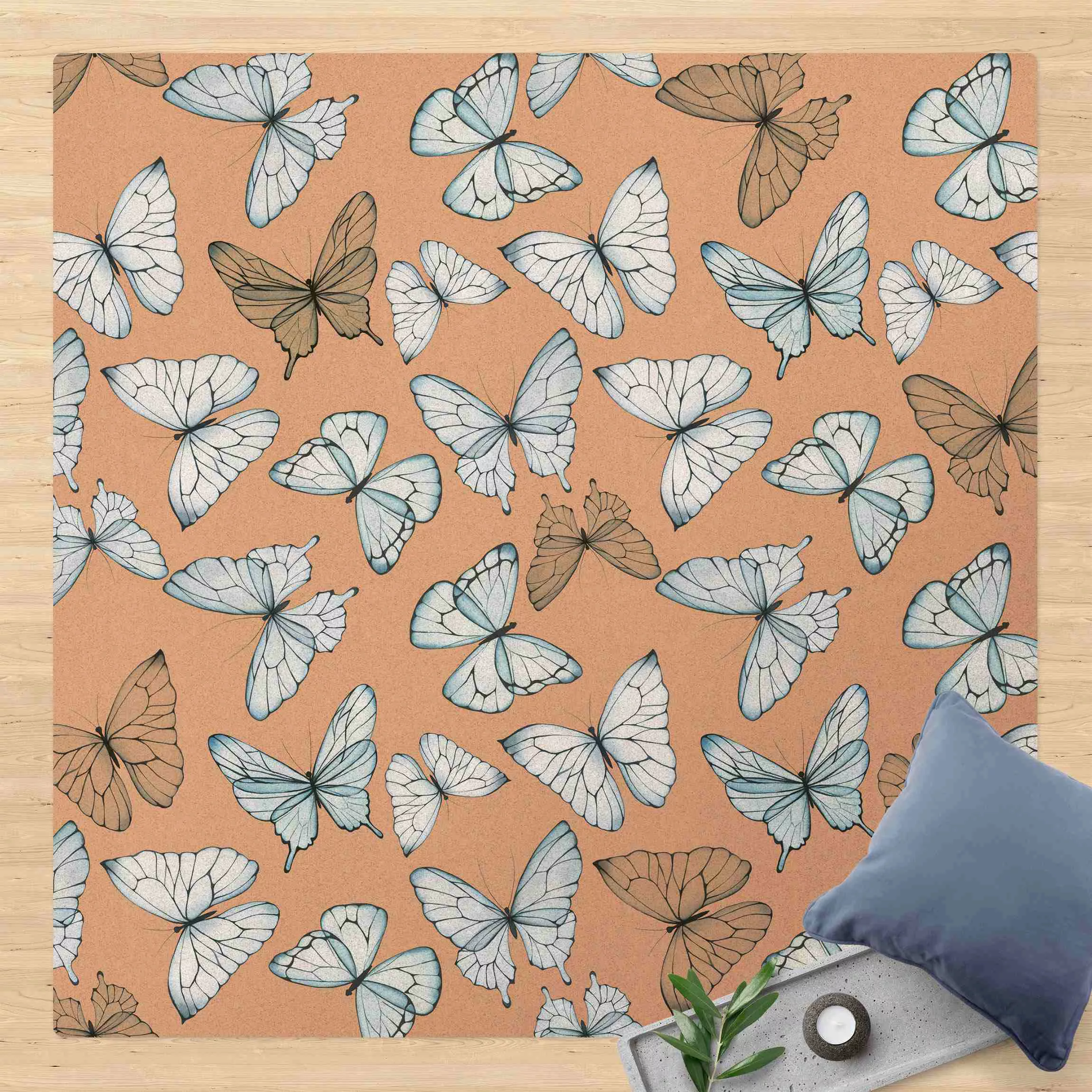Kork-Teppich Schwarm zarter Blauer Schmetterlinge günstig online kaufen