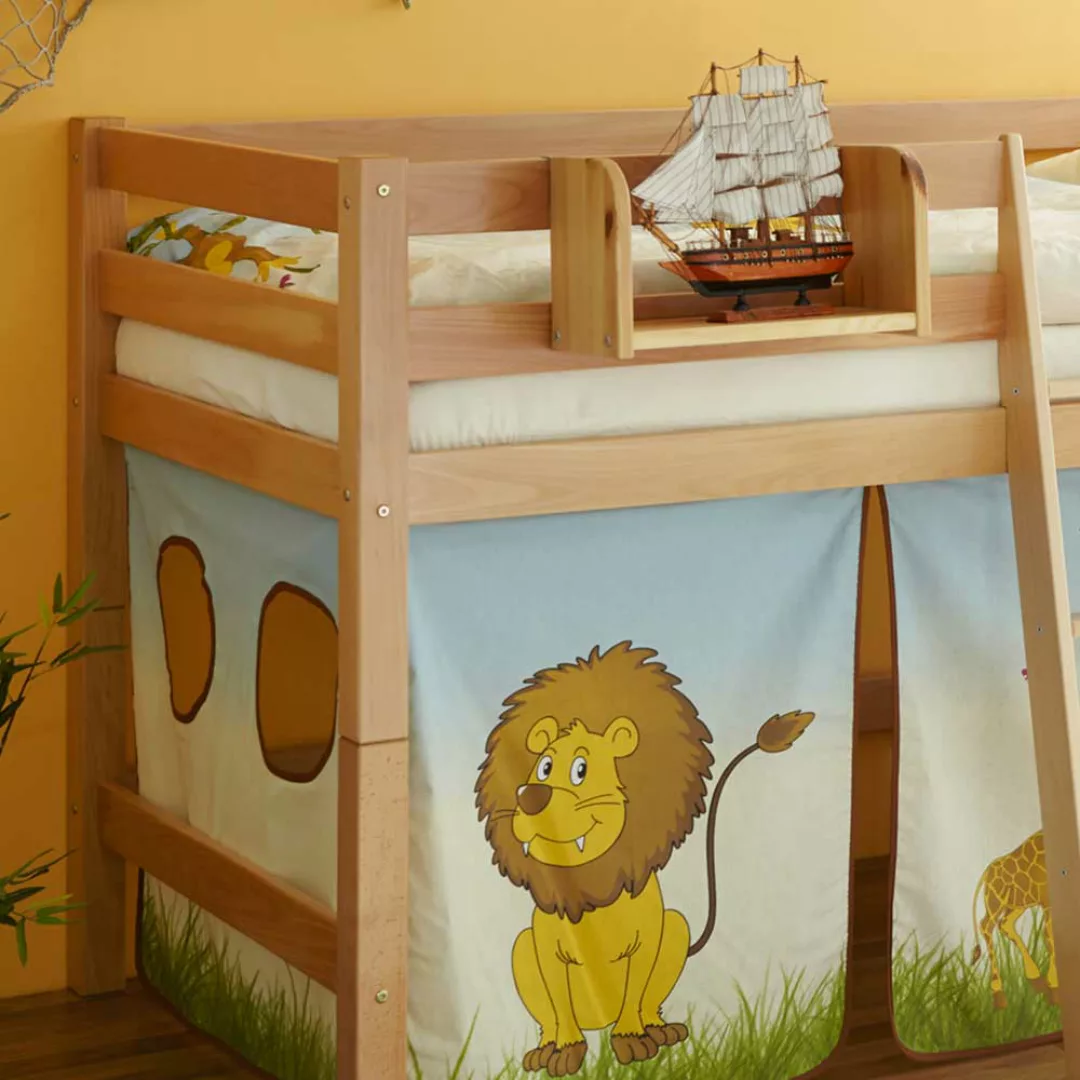 Kinderzimmer Bett mit Vorhang im Zootier Design Buche Massivholz günstig online kaufen