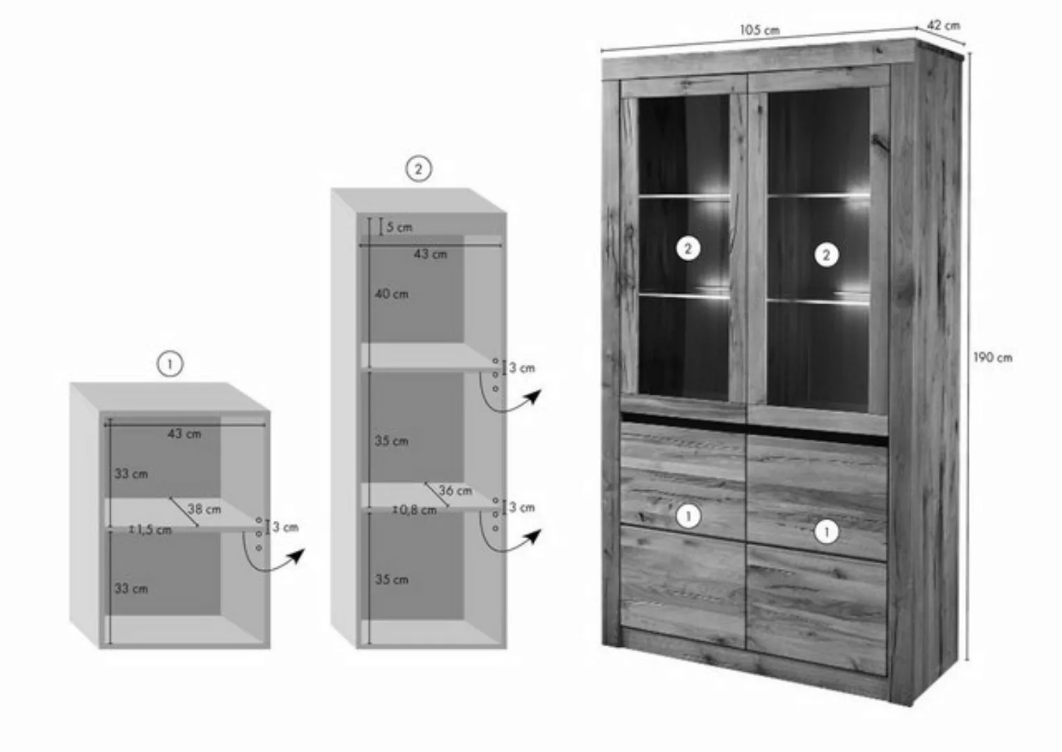 Massivmoebel24 Standvitrine Vitrine Wild-/Zerreiche 105x42x190 bianco geölt günstig online kaufen