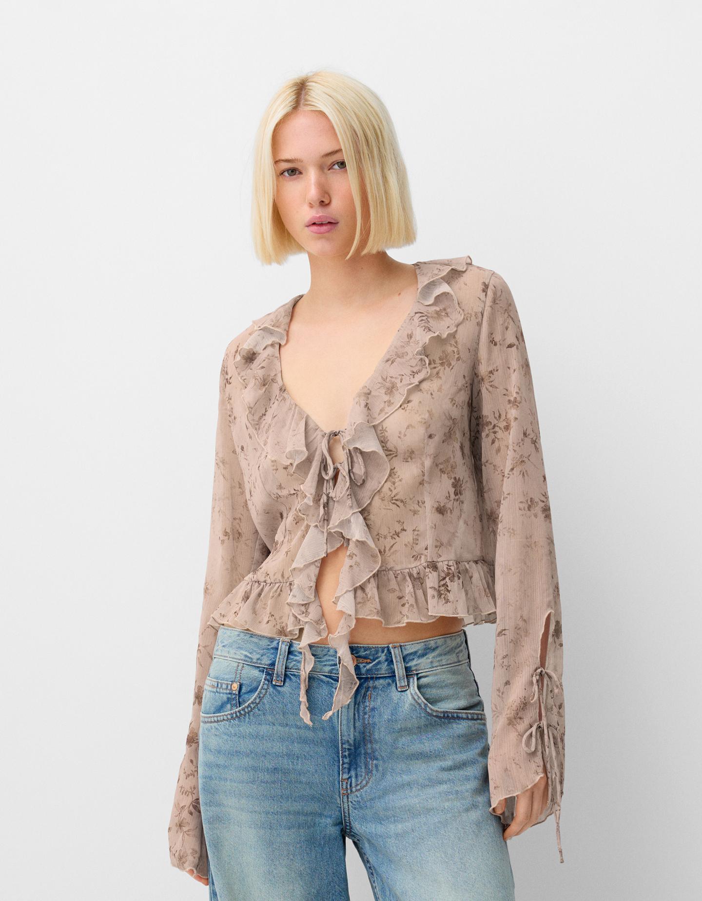 Bershka Hemd Mit Langen Ärmeln Und Volants Aus Chiffon Damen M Kombiniert günstig online kaufen