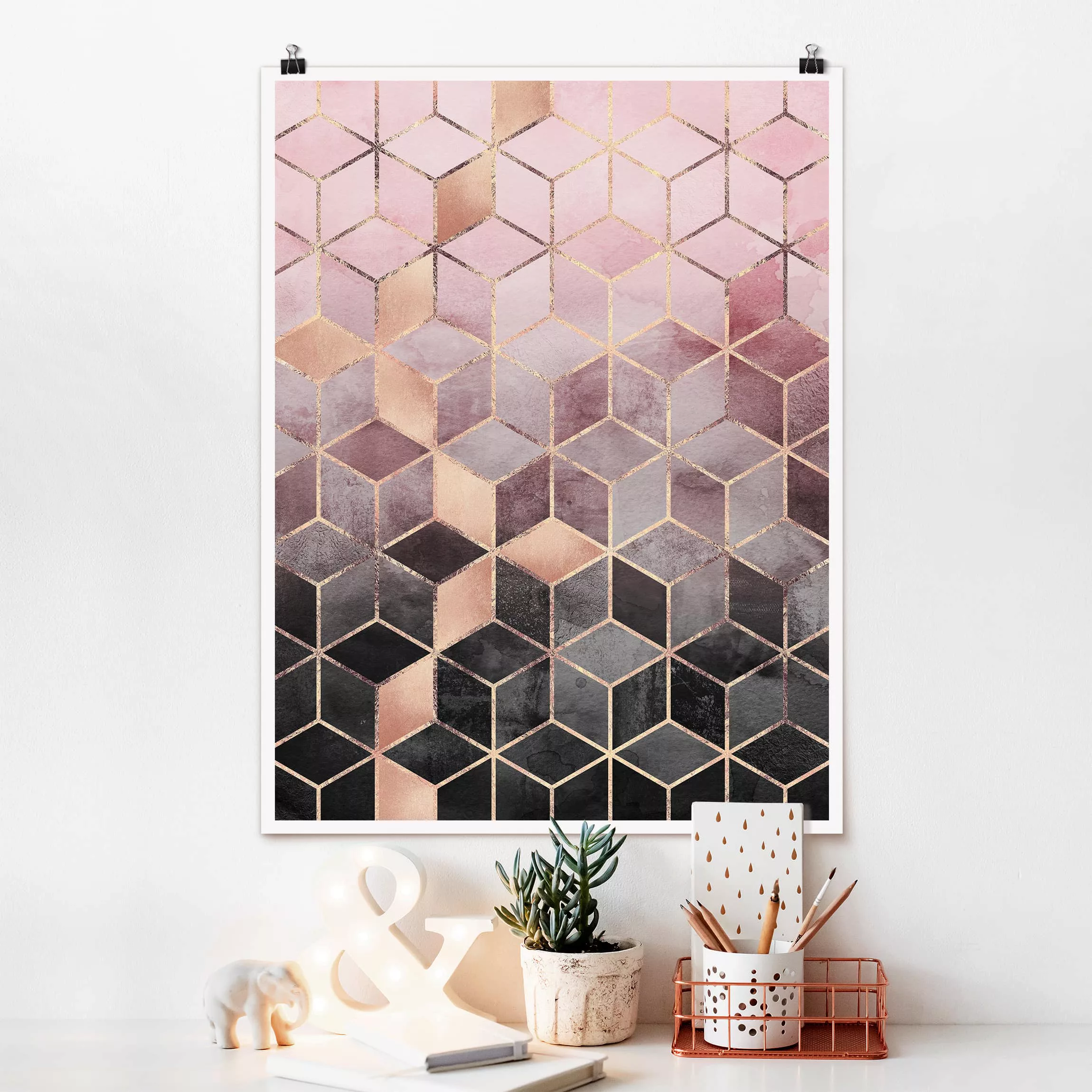 Poster Kunstdruck - Hochformat Rosa Grau goldene Geometrie günstig online kaufen