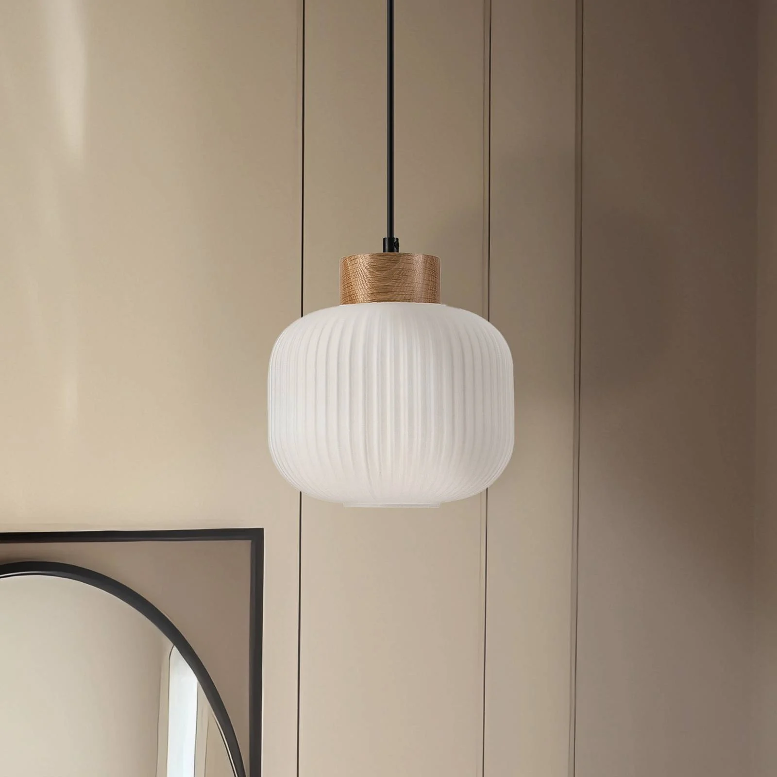 Hängeleuchte Harmony, Ø 20 cm, Opalglas, Eichenholz, E27 günstig online kaufen