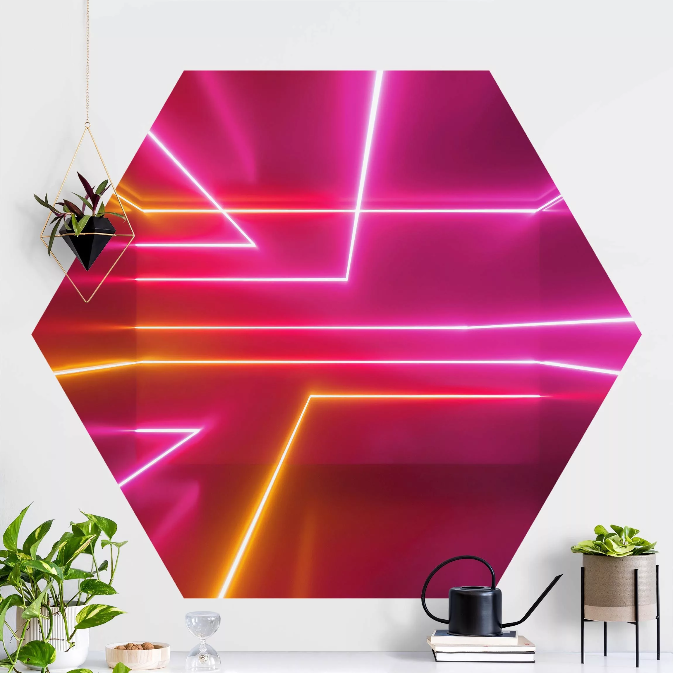 Hexagon Mustertapete selbstklebend Pinke Neonstreifen günstig online kaufen