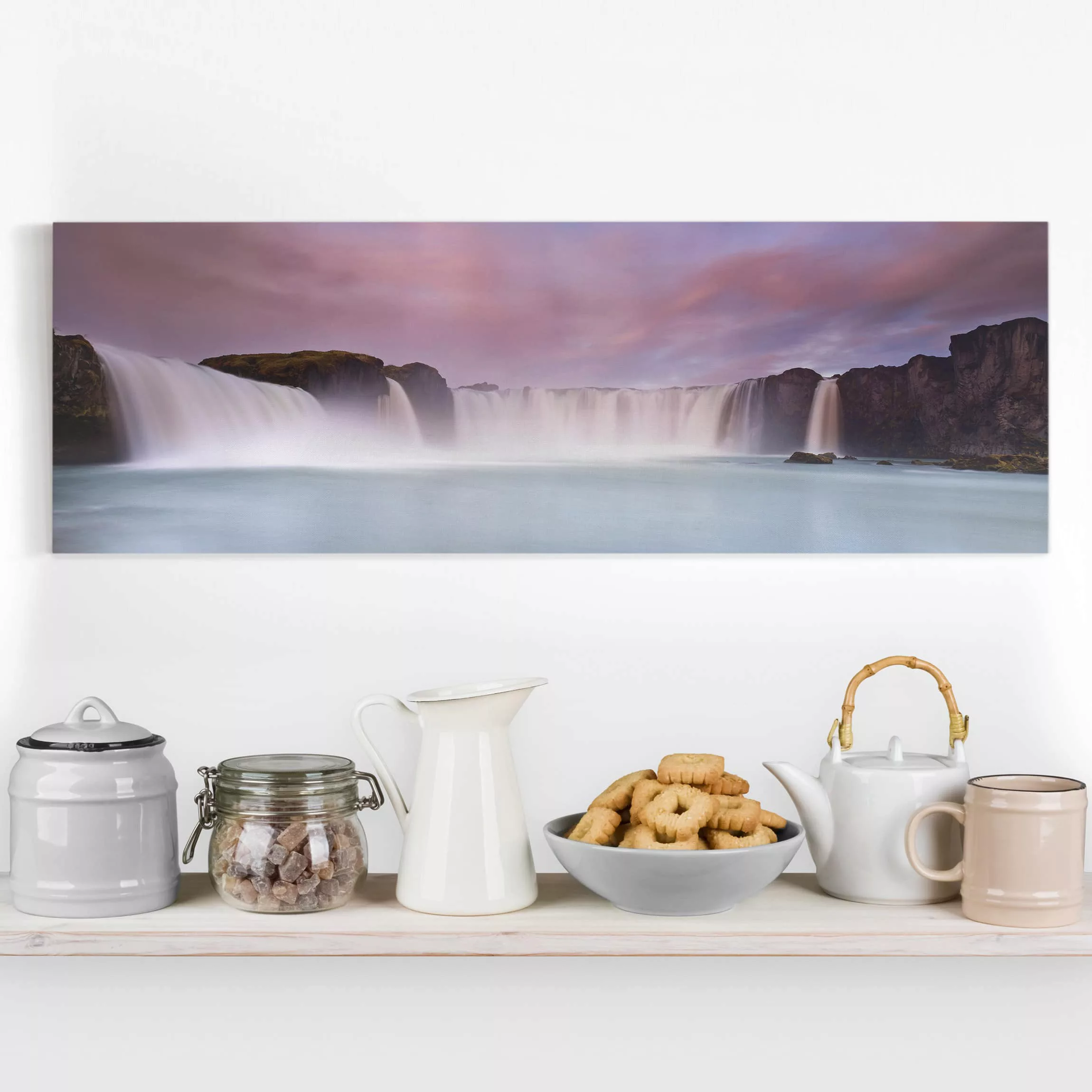 Leinwandbild Wasserfall - Panorama Goðafoss und der Mond günstig online kaufen