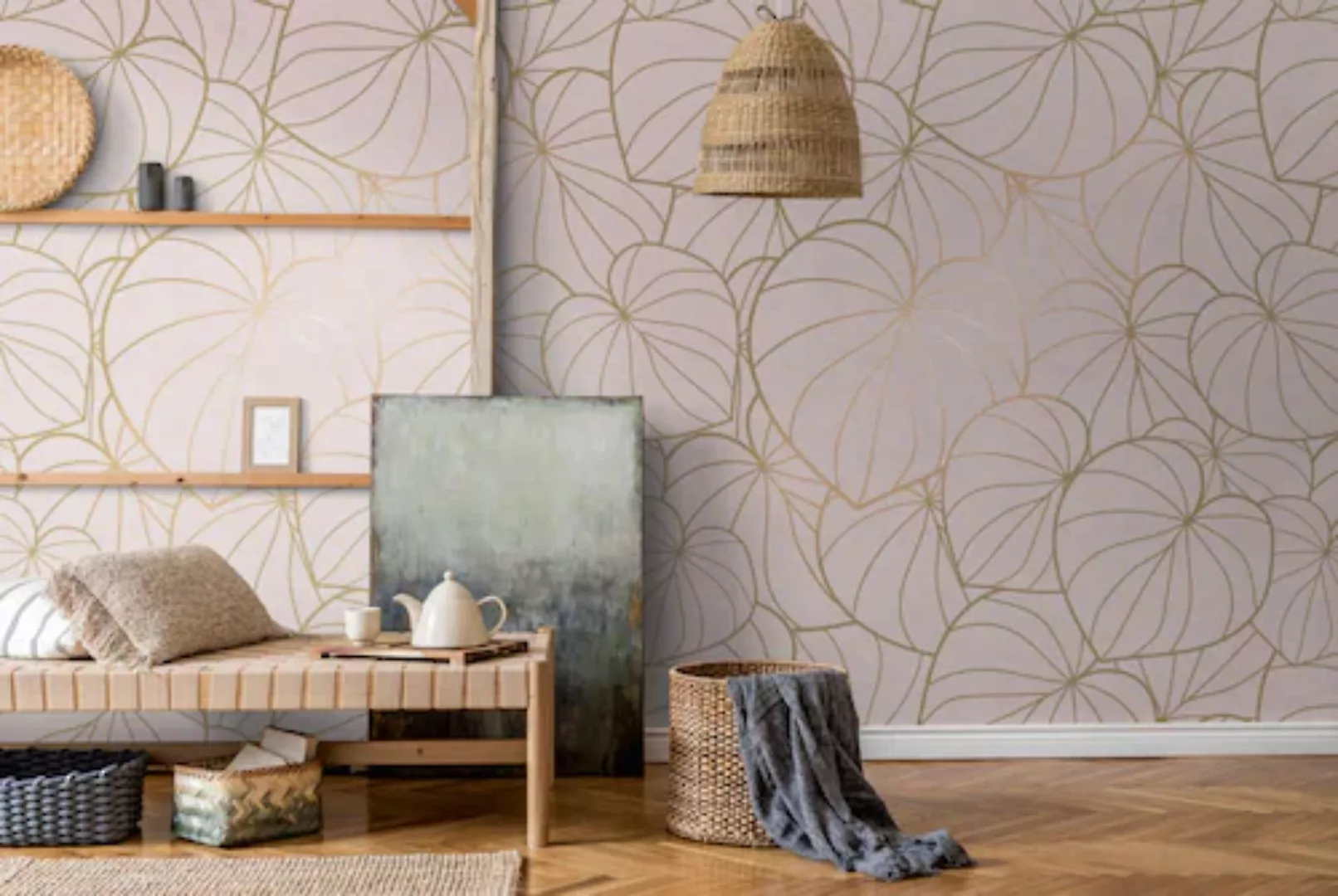 Bricoflor Metallic Tapete in Rosa Gold Fototapete mit Blättern Modern Ideal günstig online kaufen