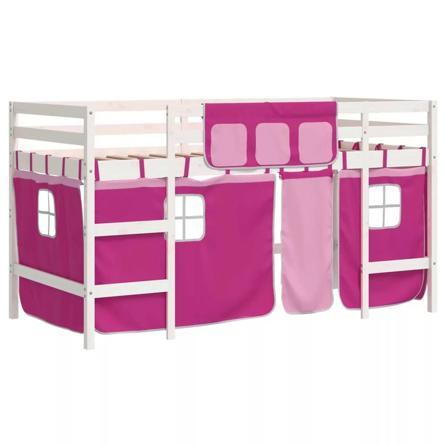 vidaXL Kinderbett Kinderhochbett mit Vorhängen Rosa 90x190 cm Massivholz Ki günstig online kaufen