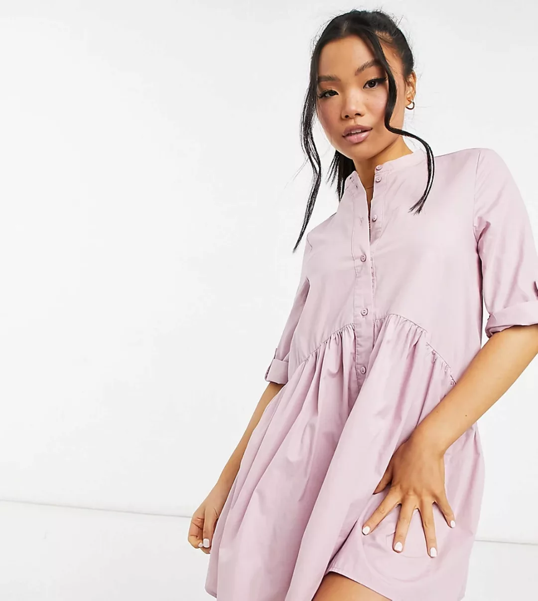 Only Petite – Mini-Hemdkleid aus Denim mit Grandad-Kragen in Rosa günstig online kaufen
