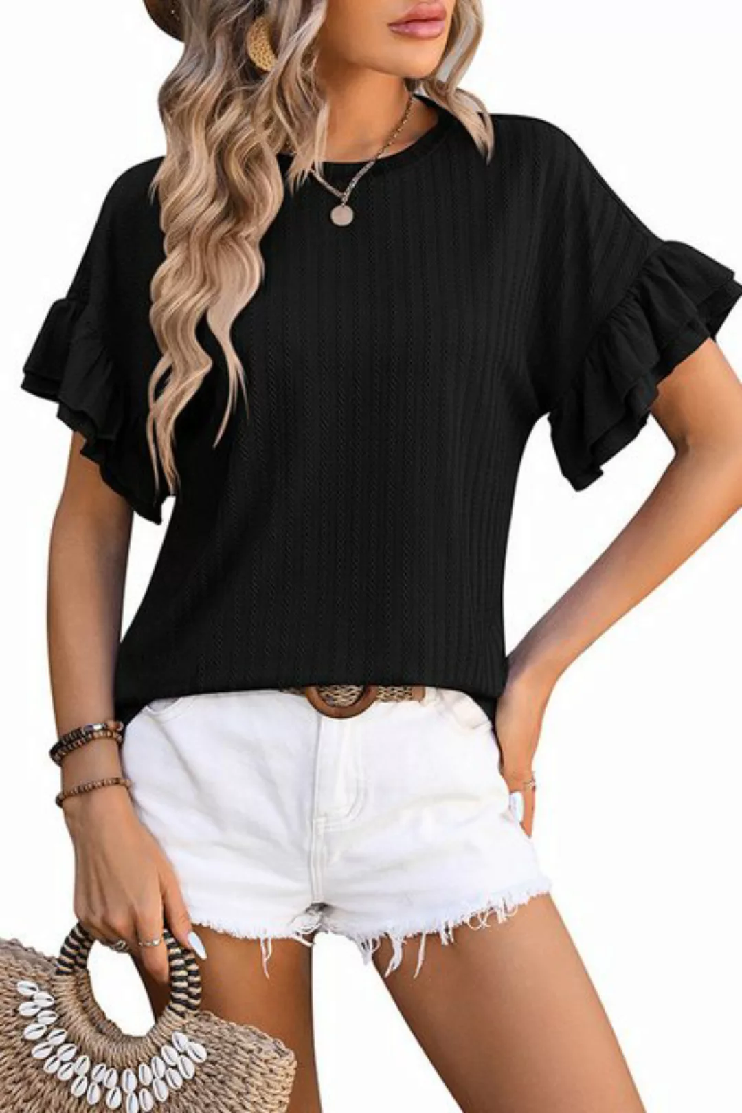ENIX Rüschentop Damen Rüschenärmel T-Shirt Rundhalsshirt einfarbig Schößche günstig online kaufen