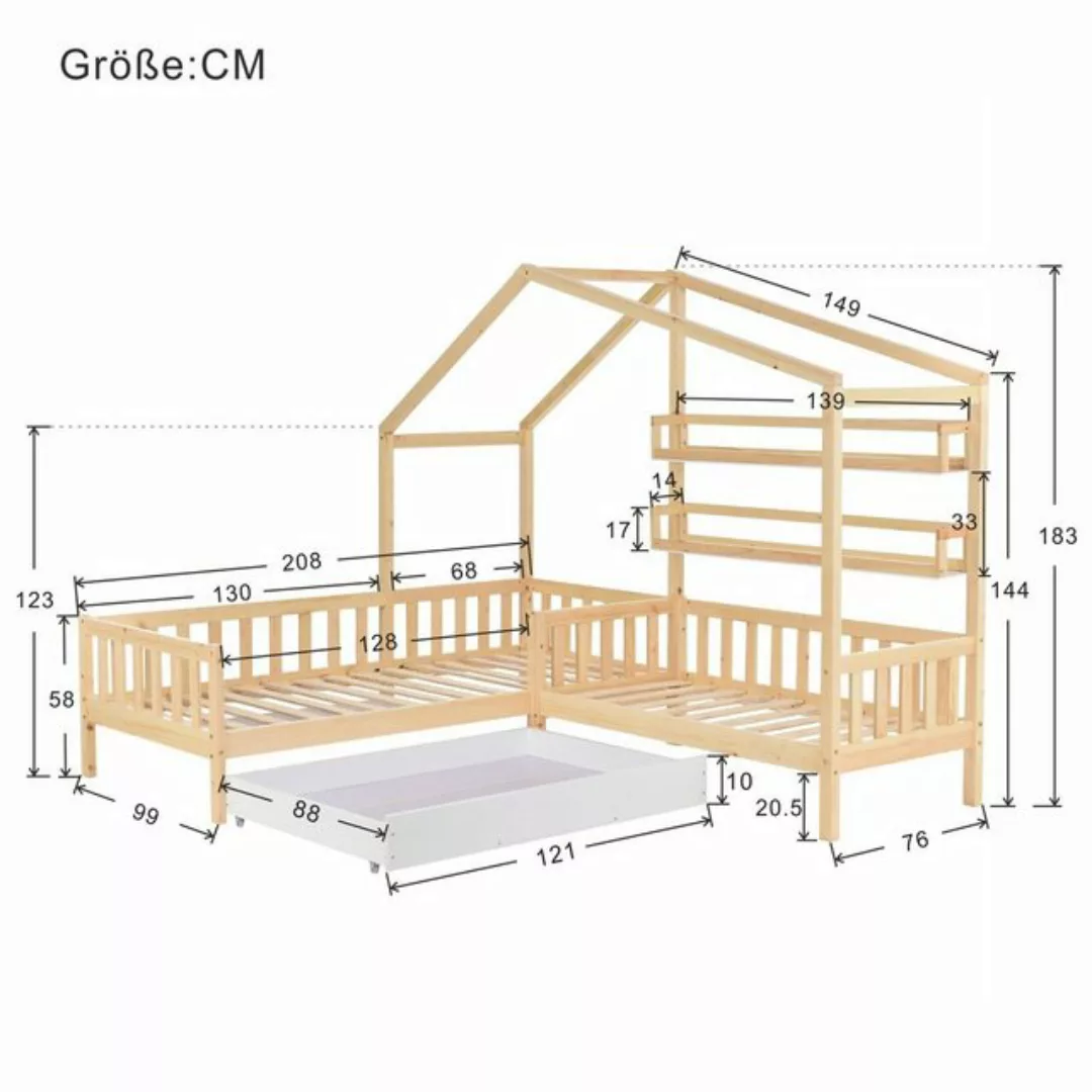 Ulife Jugendbett Kinderbett Hausbett mit Schubladen und Regale L-Struktur, günstig online kaufen