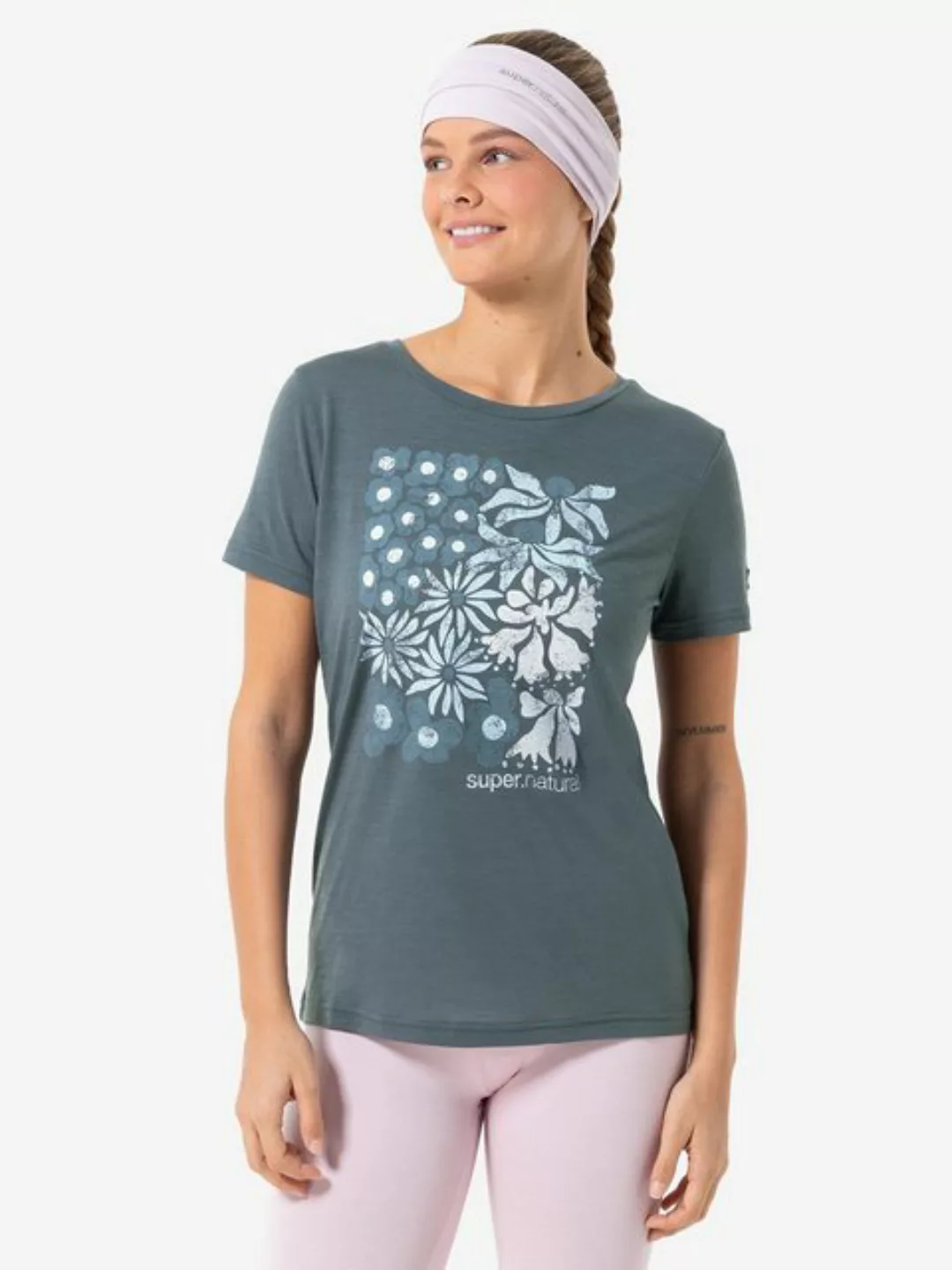 SUPER.NATURAL T-Shirt für Damen, Merino MAT IS Blumen Motiv, Reise, bunt günstig online kaufen