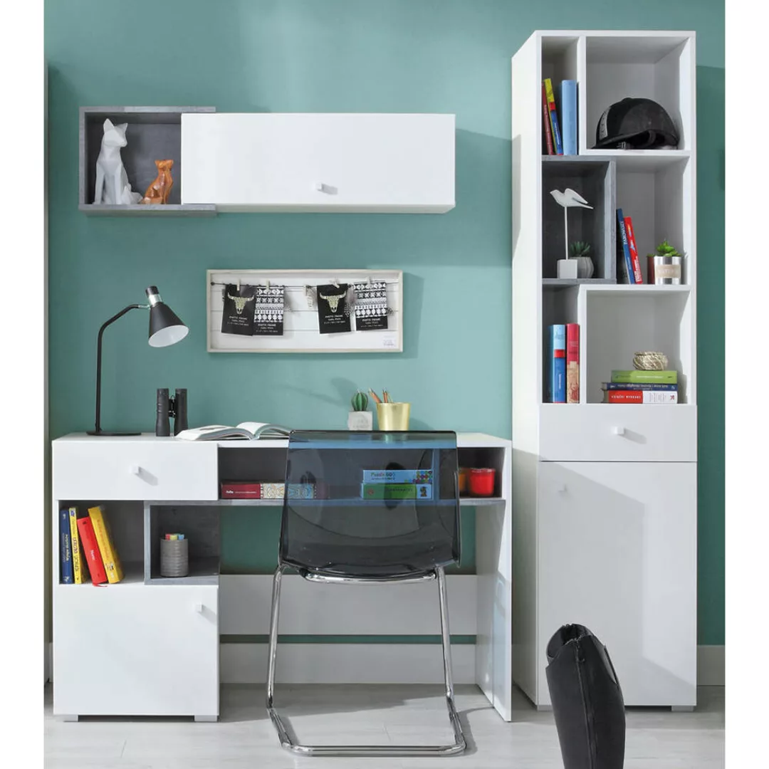 Jugendzimmer Set 3-teilig SEATTLE-133 mit Schreibtisch in Beton und weiß günstig online kaufen