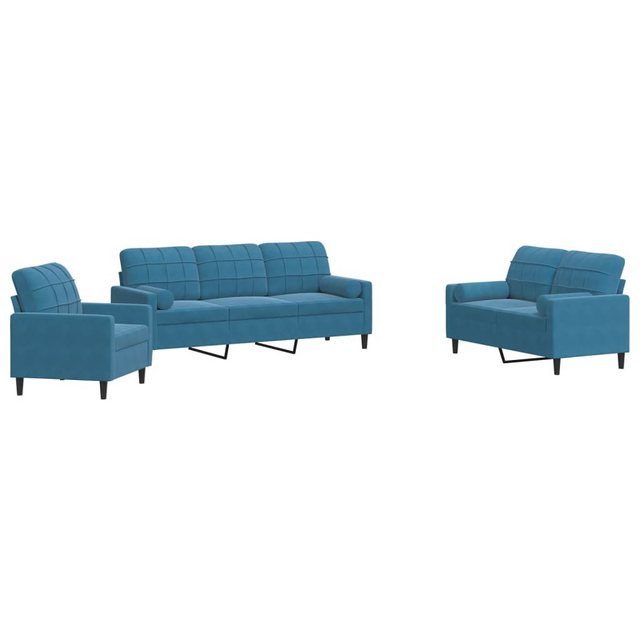 vidaXL Sofa 3-tlg. Sofagarnitur mit Kissen und Nackenrollen Blau Samt günstig online kaufen