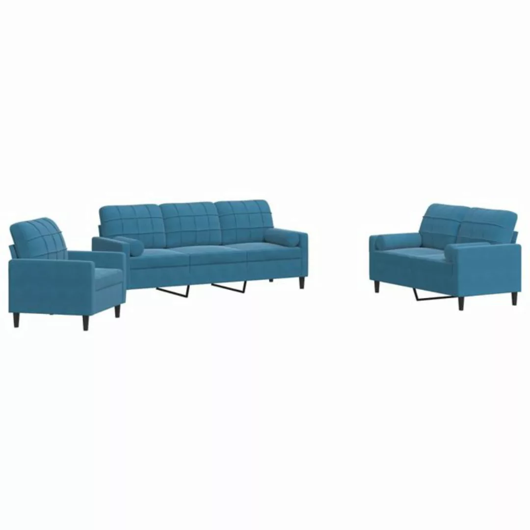 vidaXL Sofa 3-tlg. Sofagarnitur mit Kissen und Nackenrollen Blau Samt günstig online kaufen