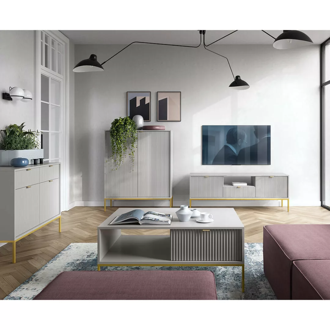 Wohnmöbel Set grau, Fußgestell goldfarben, NEWCASTLE-160, 4-teilig inkl. Co günstig online kaufen