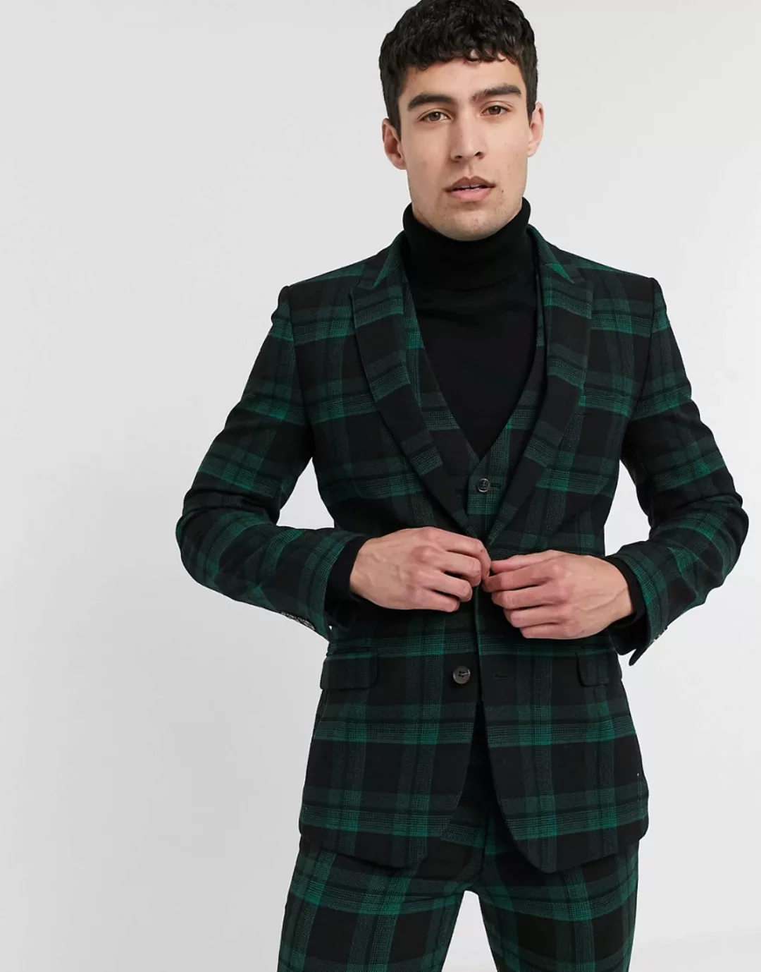 ASOS DESIGN – Extrem enge Anzugjacke aus Wollmischgewebe in Grün kariert günstig online kaufen