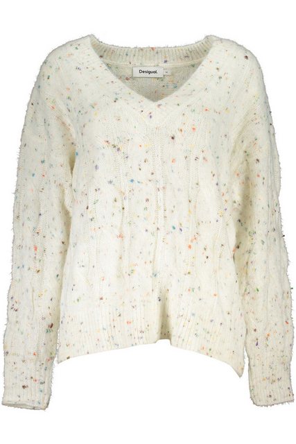 Desigual Strickpullover Weißer Damenpullover mit V-Ausschnitt und Kontrastd günstig online kaufen