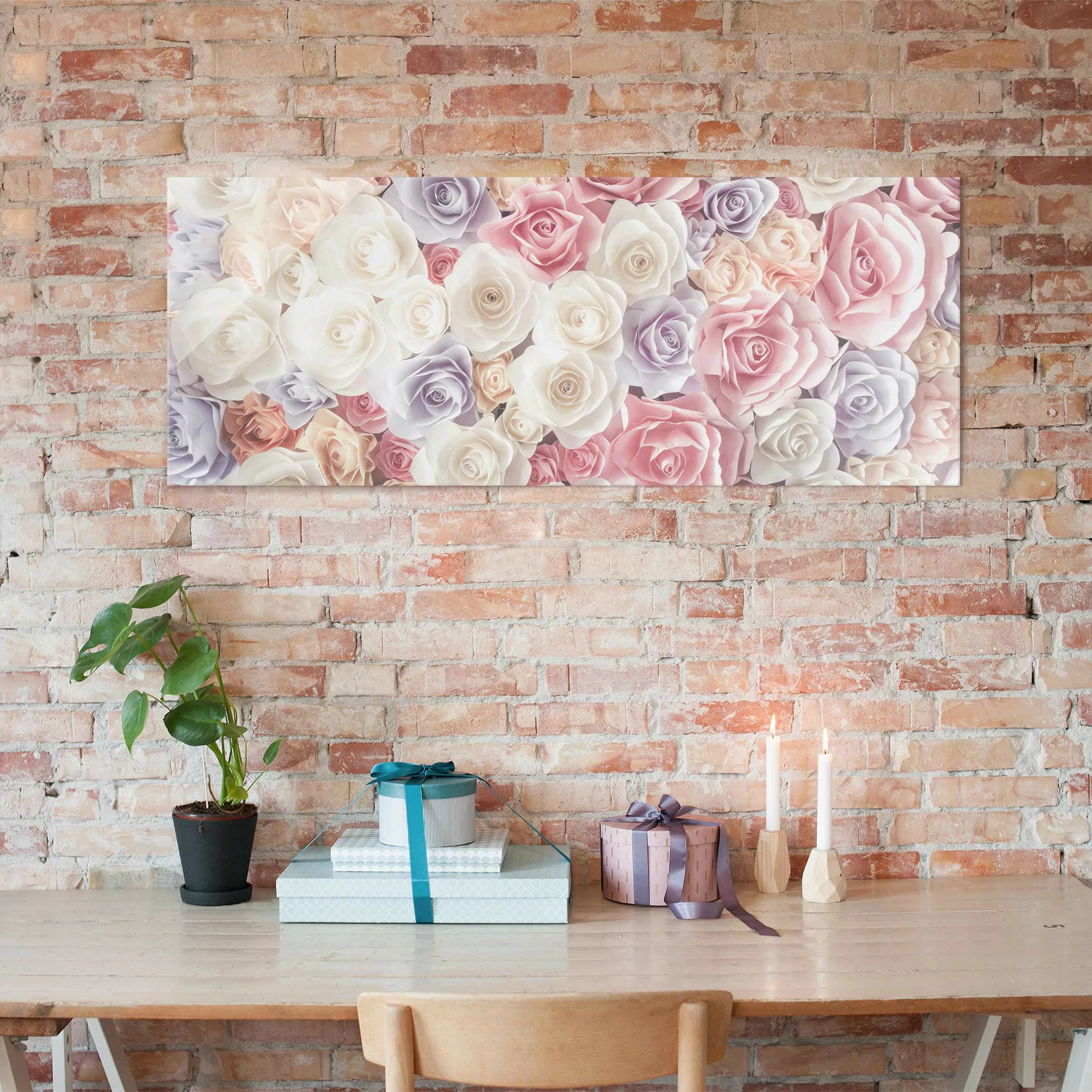 Glasbild Blumen - Panorama Pastell Paper Art Rosen günstig online kaufen