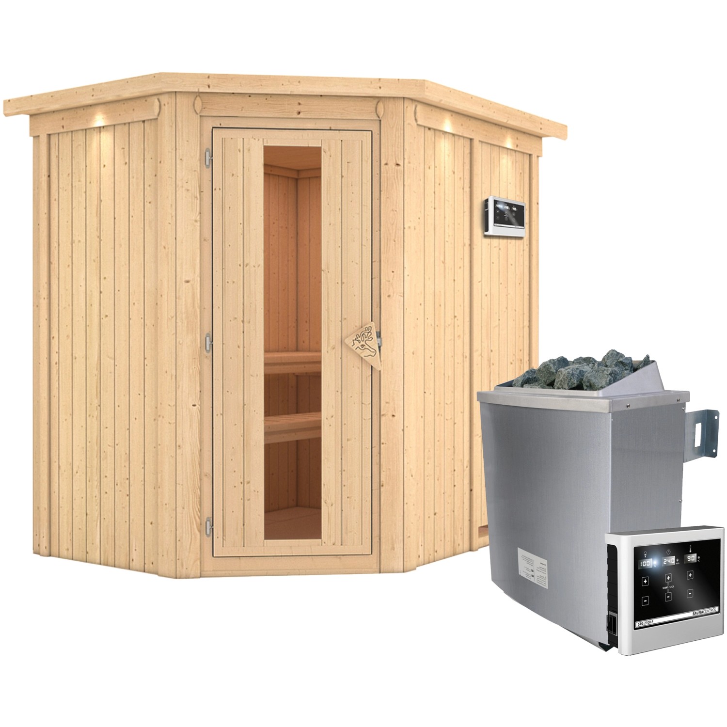 Karibu Sauna-Set Cleo inkl. Ofen 9 kW mit ext. Steuerung, Dachkranz günstig online kaufen