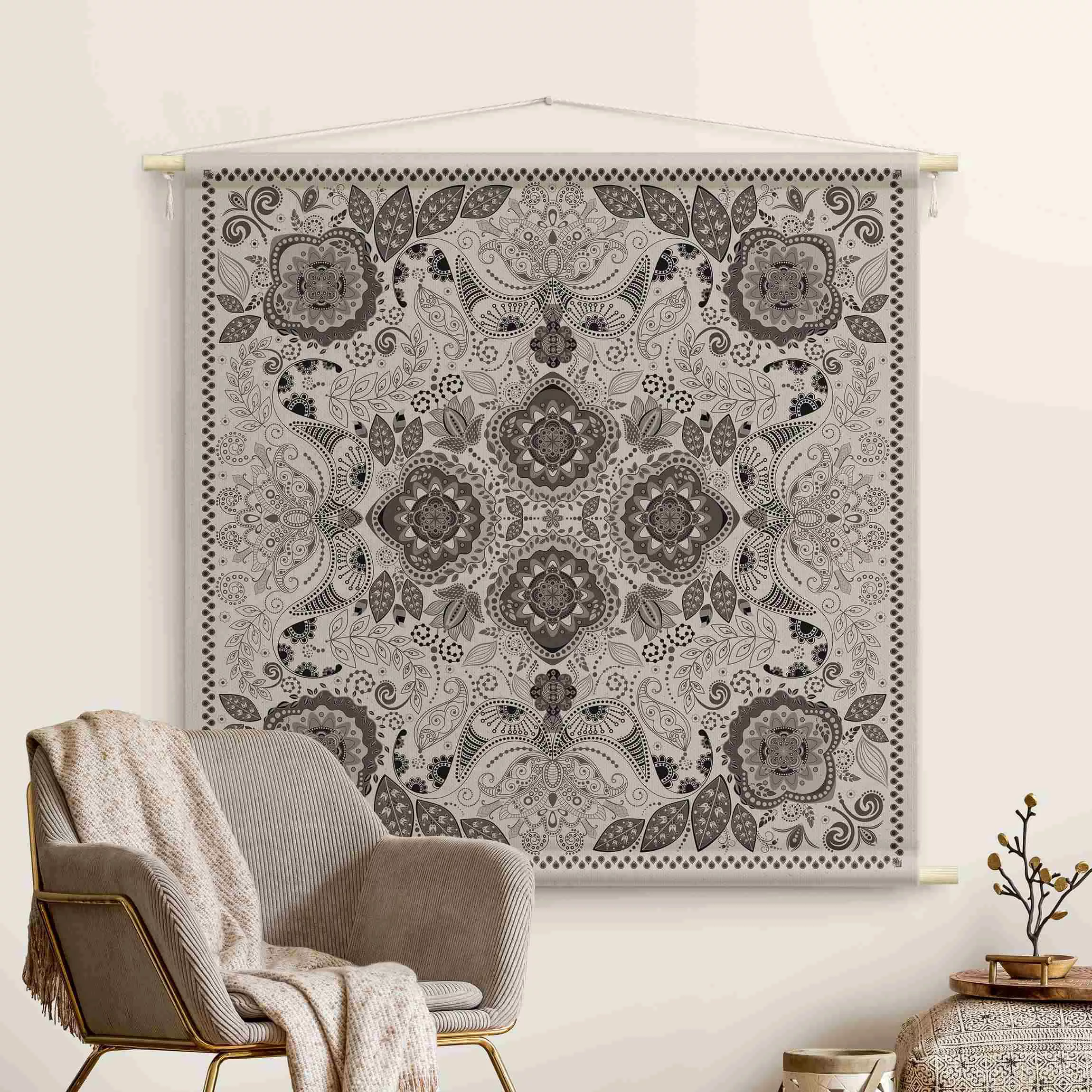 Wandteppich Detailliertes Boho Muster in Grau günstig online kaufen