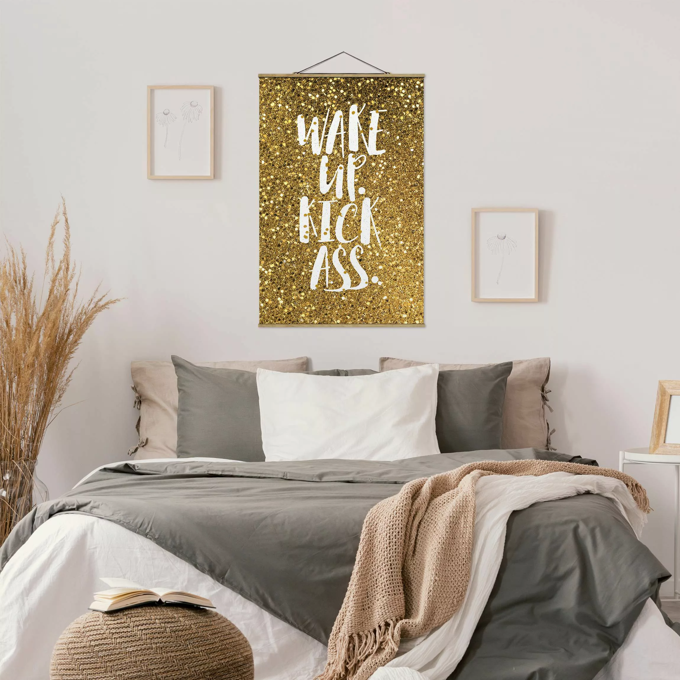 Stoffbild mit Posterleisten Wake up Kick Ass Gold günstig online kaufen