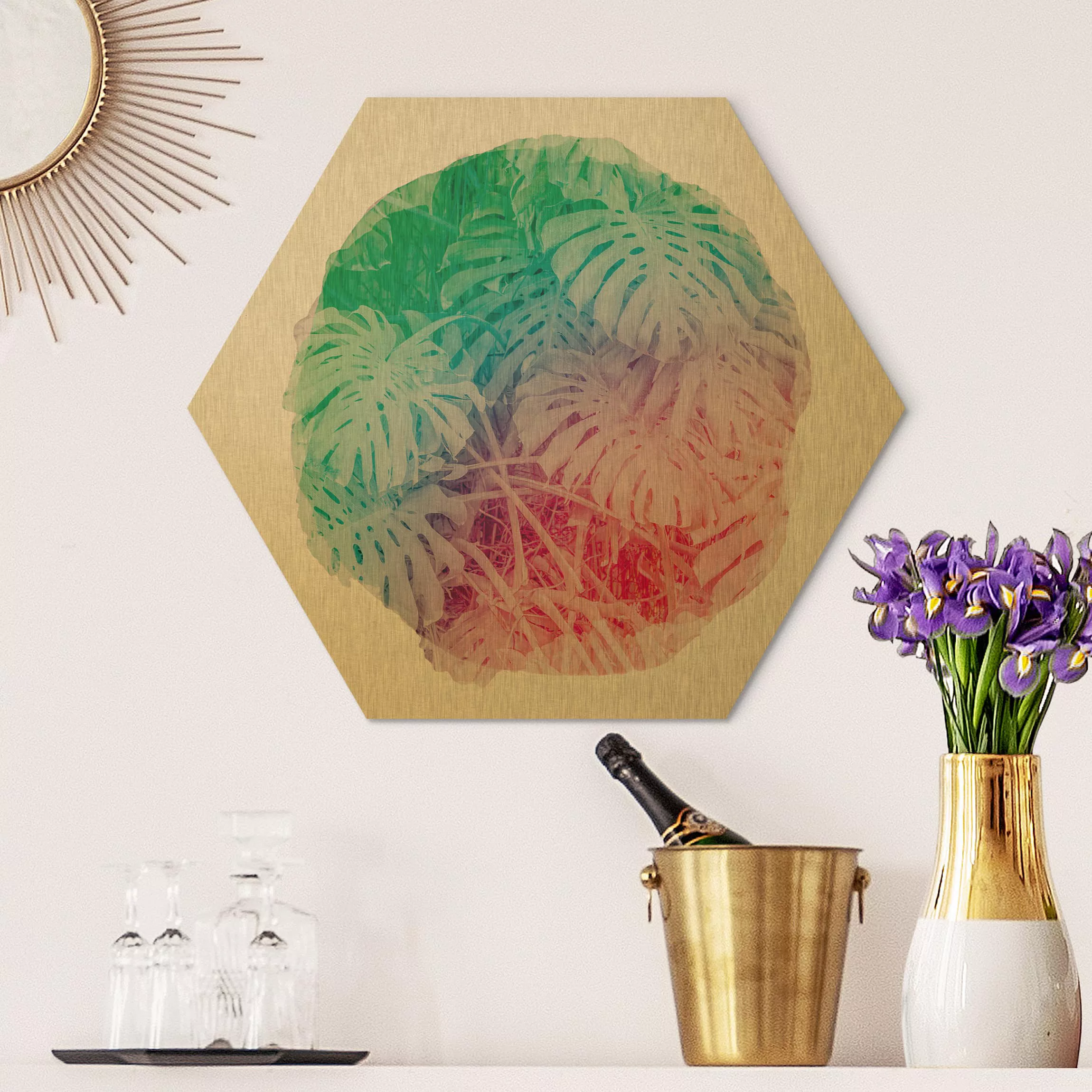 Hexagon-Alu-Dibond Bild Blumen Wasserfarben - Pink Monstera günstig online kaufen