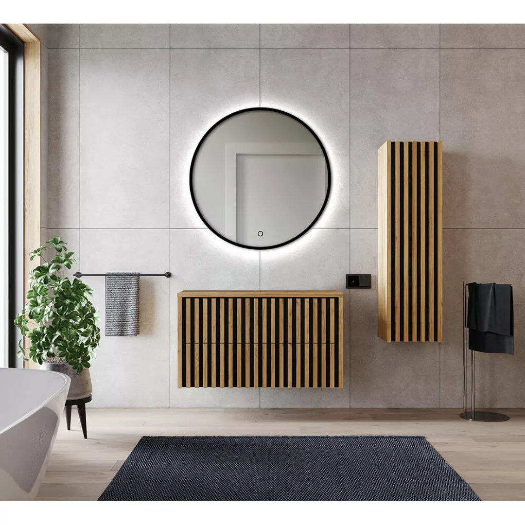 Badmöbel Set in Eiche Nb. mit Lamellenfronten LUCCA-107 LED-Spiegel, 100 cm günstig online kaufen