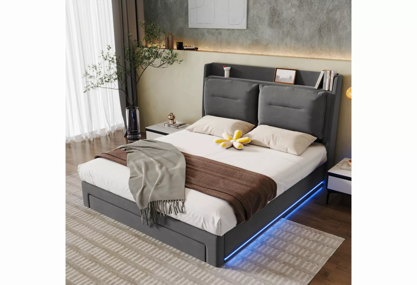 WISHDOR Polsterbett Hydraulisches Bett (LED-Licht-Polsterbett, mit Lattenro günstig online kaufen