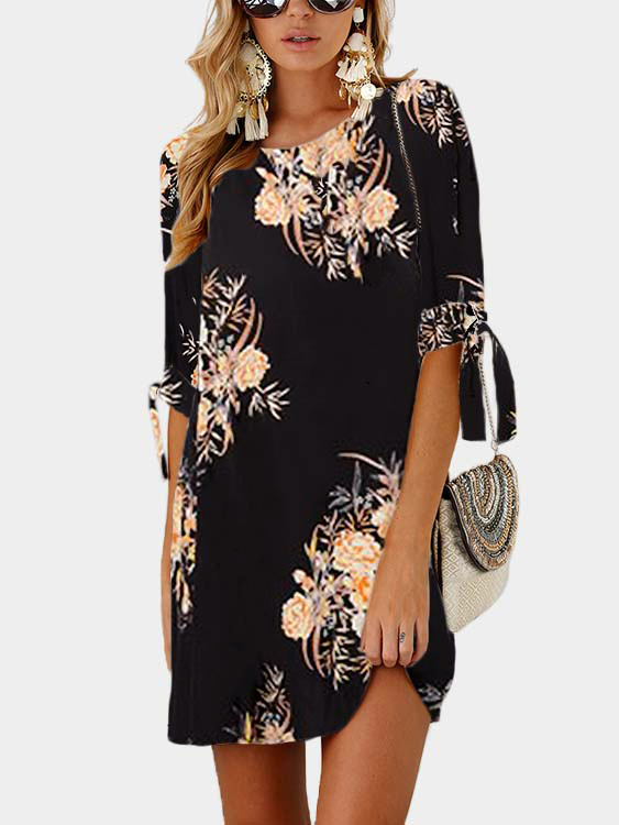 Black Random Floral Print Self-Tie an den Ärmeln Mini Kleid günstig online kaufen